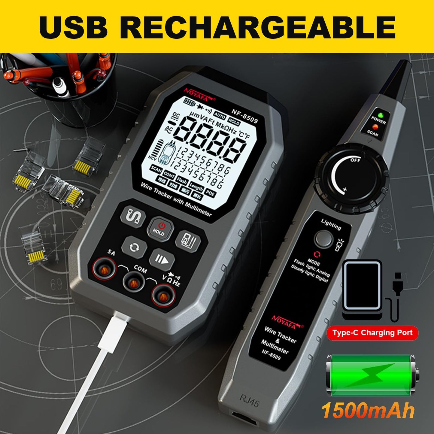 NOYAFA Network Cable Tester with Multimeter Tester, RJ45 CAT5 CAT6 Ethernet Cable Tester Port Flashing, NCV Anti-Burn AC DC Voltmeter POE Tester, Anti-Jamming TDR Network Tester Cable Toner