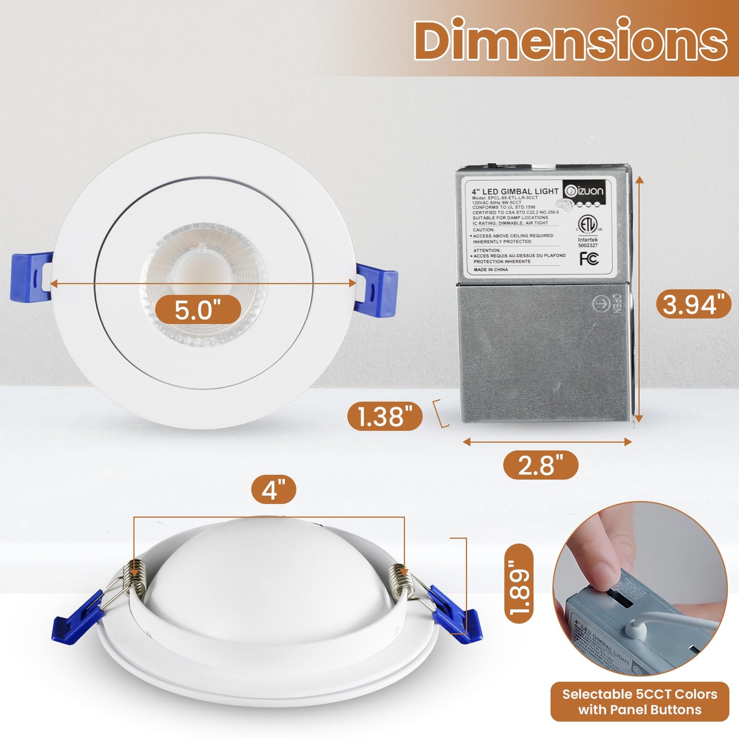 Oizuon Gimbal Recessed Lighting 4 Inch – 5CCT (2700K/3000K/3500K/4000K/5000K) with 90° Tilt & 360° Rotation, 750LM Dimmable Ceiling Light – 9W LED Kitchen Ceiling Light for Home, Office – 6 Pack