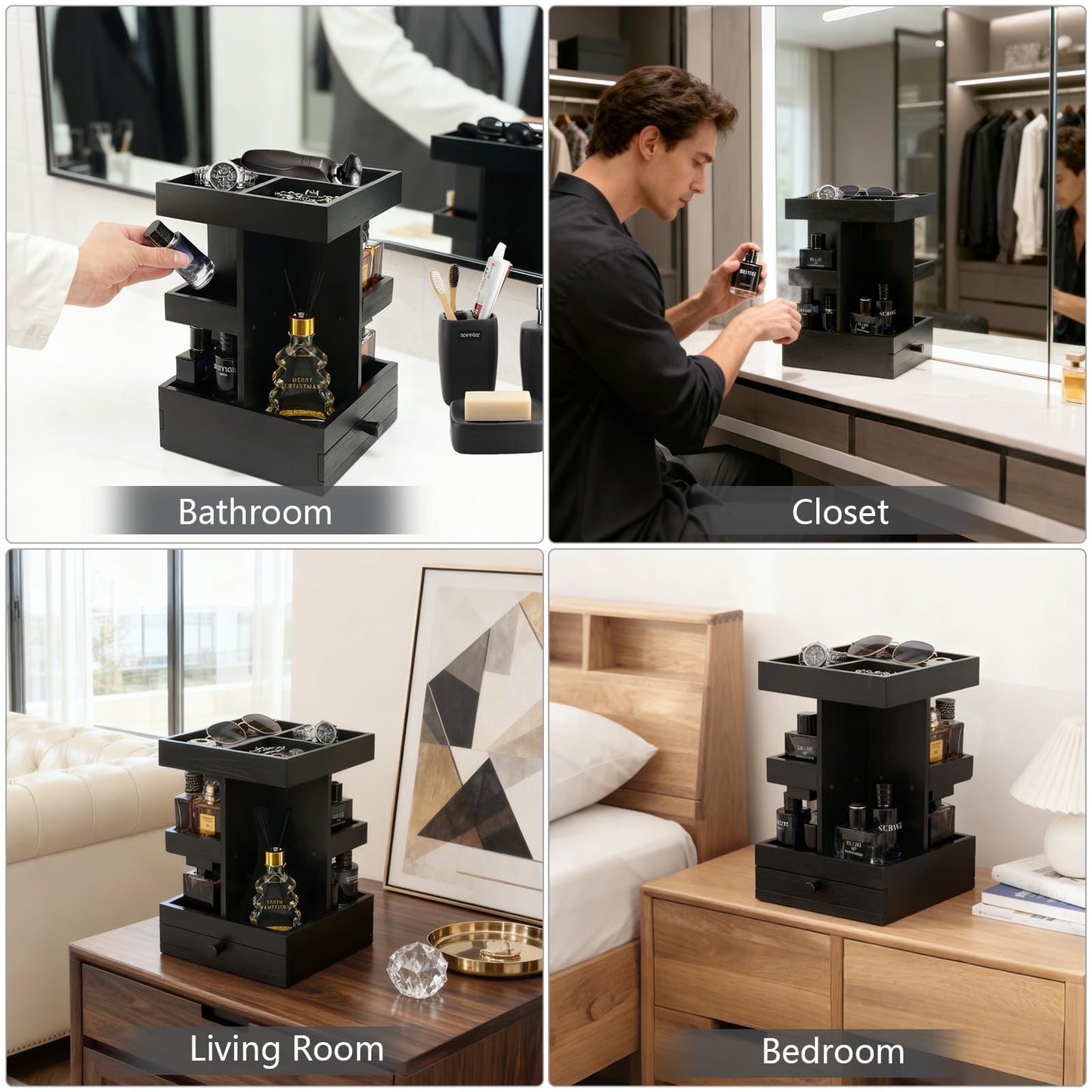 VYNOPA Rotating Cologne Organizer for Men – Black Wooden Perfume Stand with Dual Drawers, Multi-Tier Fragrance Display & Jewelry Storage for Dresser or Bathroom