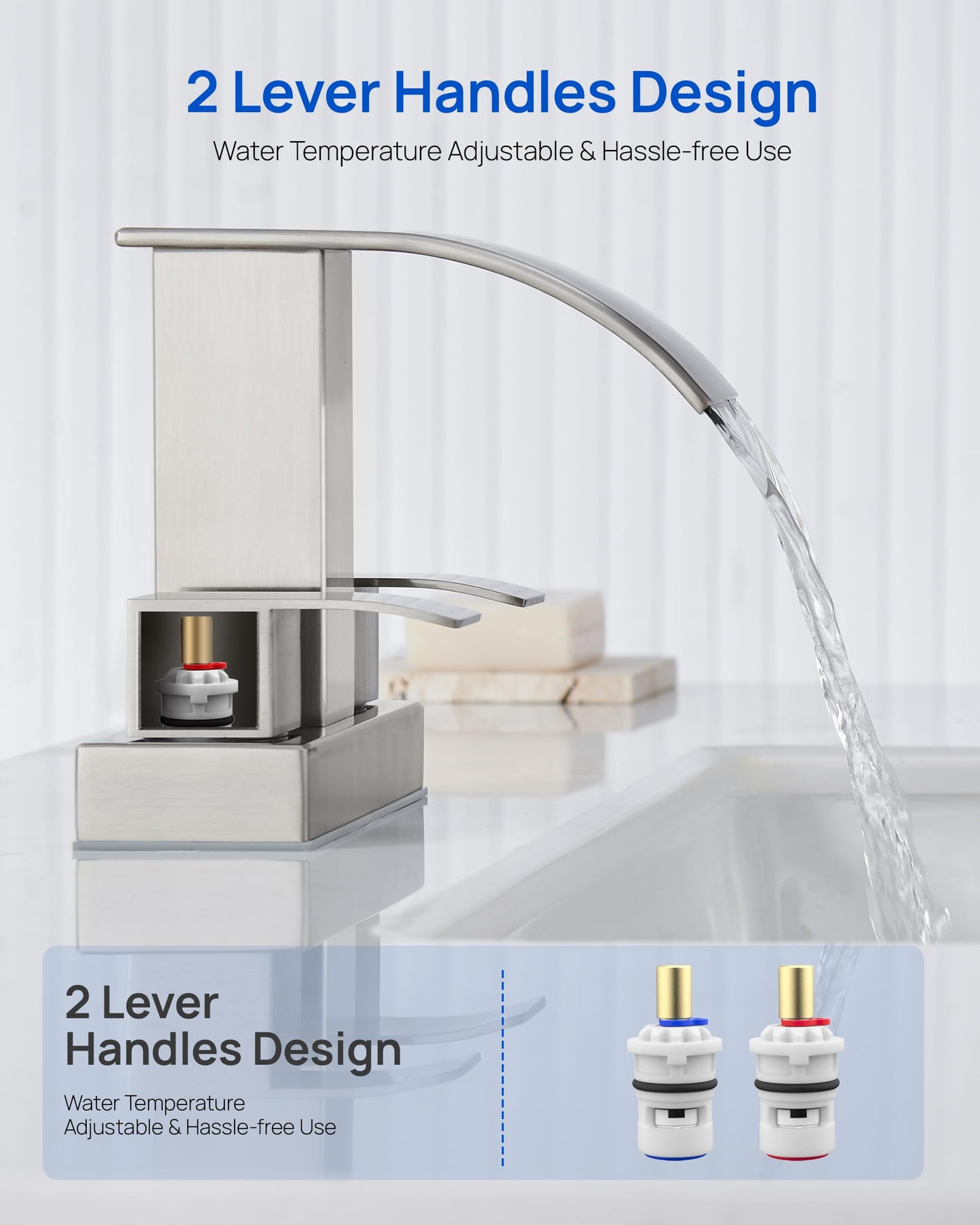 Waterfall Bathroom Sink Faucet Set with Pop Up Drain Stopper & Supply Lines - 4 Inch 2 Handles Centerset Faucet 2 or 3 Hole Lavatory Faucet Bathroom Vanity Mixer Tap Basin Faucets Brushed Nickel