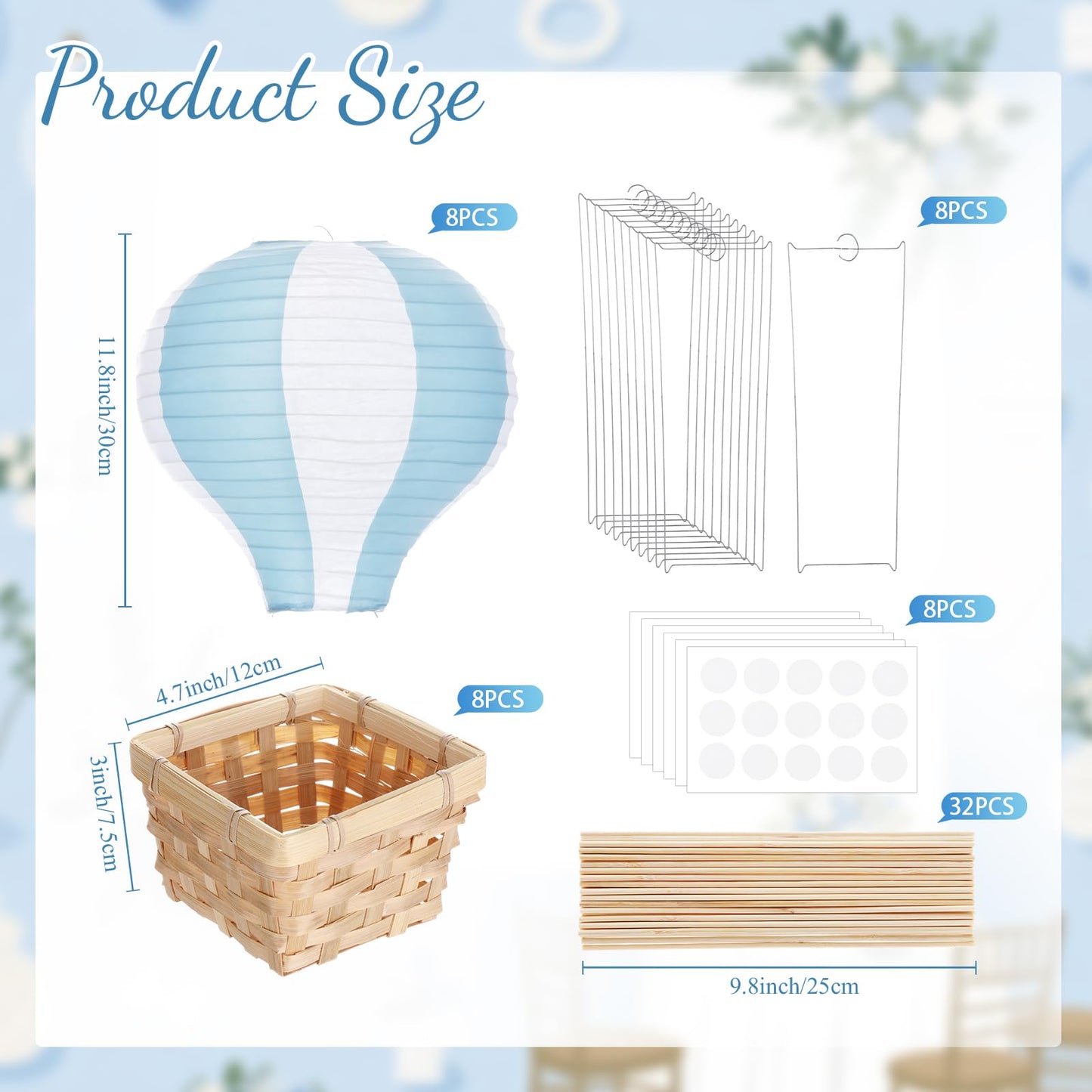 Meooeck 8 Sets Blue Hot Air Balloons Decorations Baby Shower Table Centerpieces 11.8'' Paper Lantern with Basket for Gender Reveal Birthday Wedding Graduation School Party Supplies