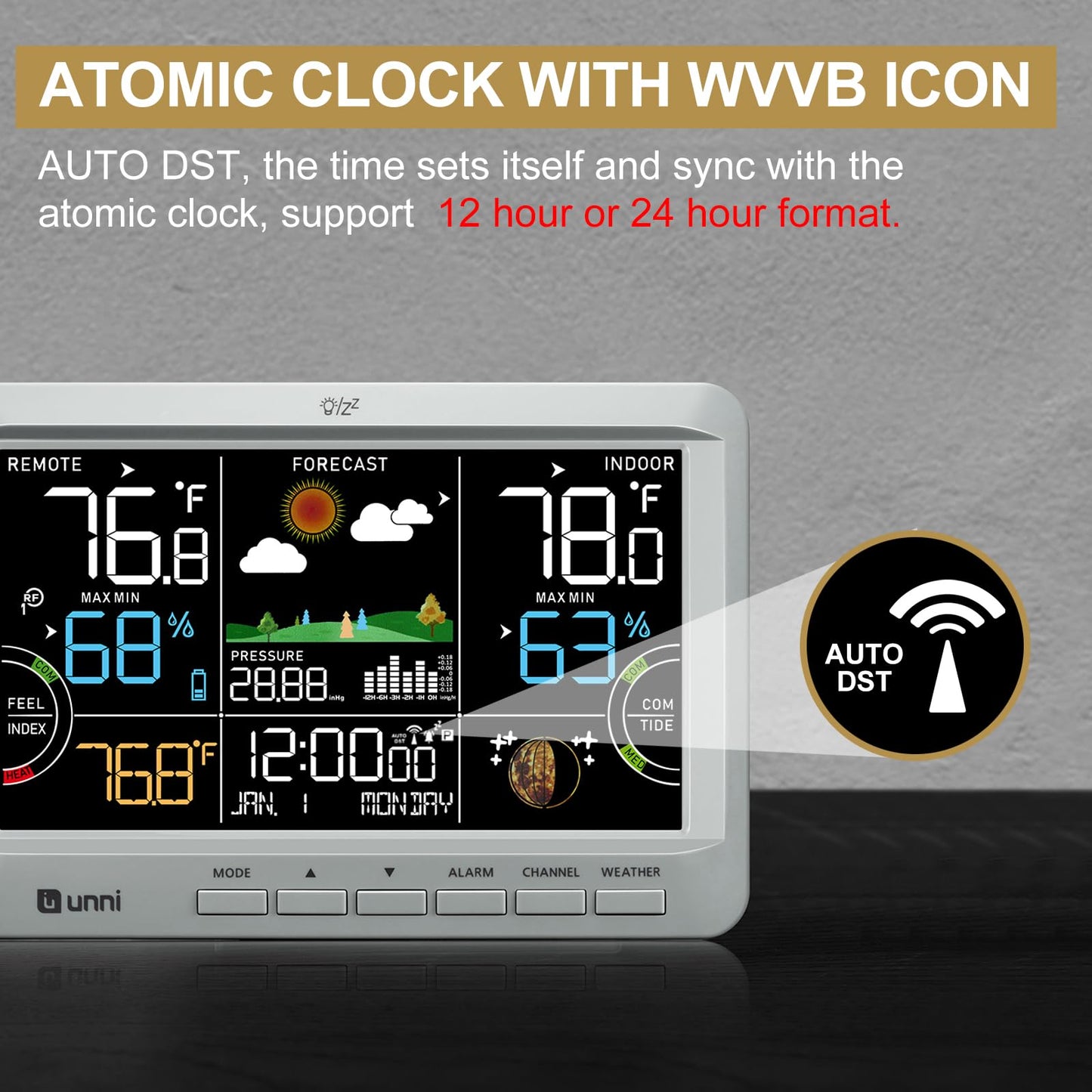 U UNNI Weather Station Wireless Indoor Outdoor Thermometer with Heat Dew Mold, Thermometer Inside Outside with Calendar and 3 Adjustable Backlight