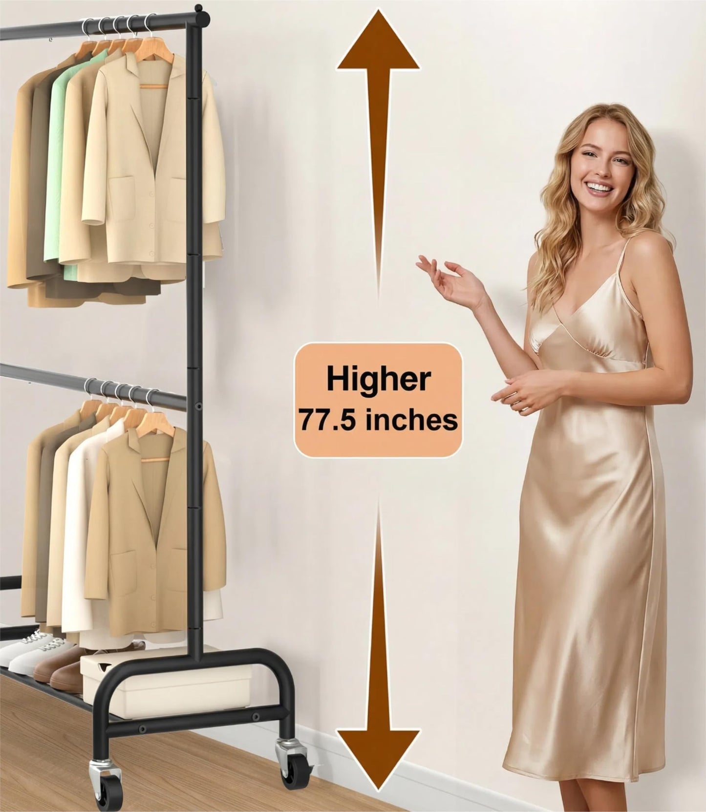 MISSLO Heavy Duty Clothes Rack for Hanging Clothes Rolling Clothing Rack Heavy Duty on Wheels for Coat, Garment, Matte Black (Double Rod)