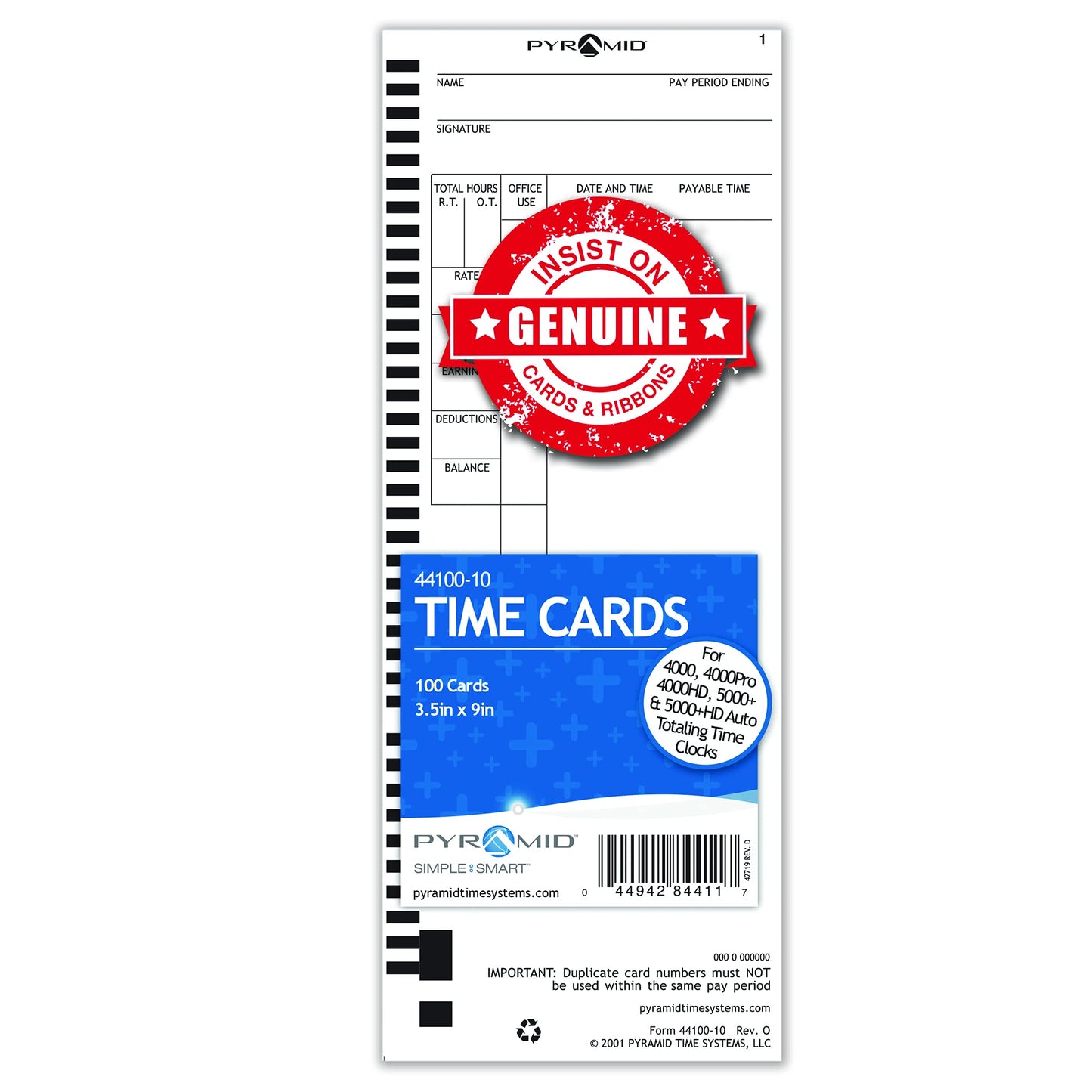 Pyramid Time System - Authentic Time Cards [44100-10PK3] for Pyramid 4000, 4000ProK, 4000HD, 5000 & 5000HD Series, Time Sheets for Auto Totaling Time Clocks (3.5 x 9 in) - 300 Time Cards - White