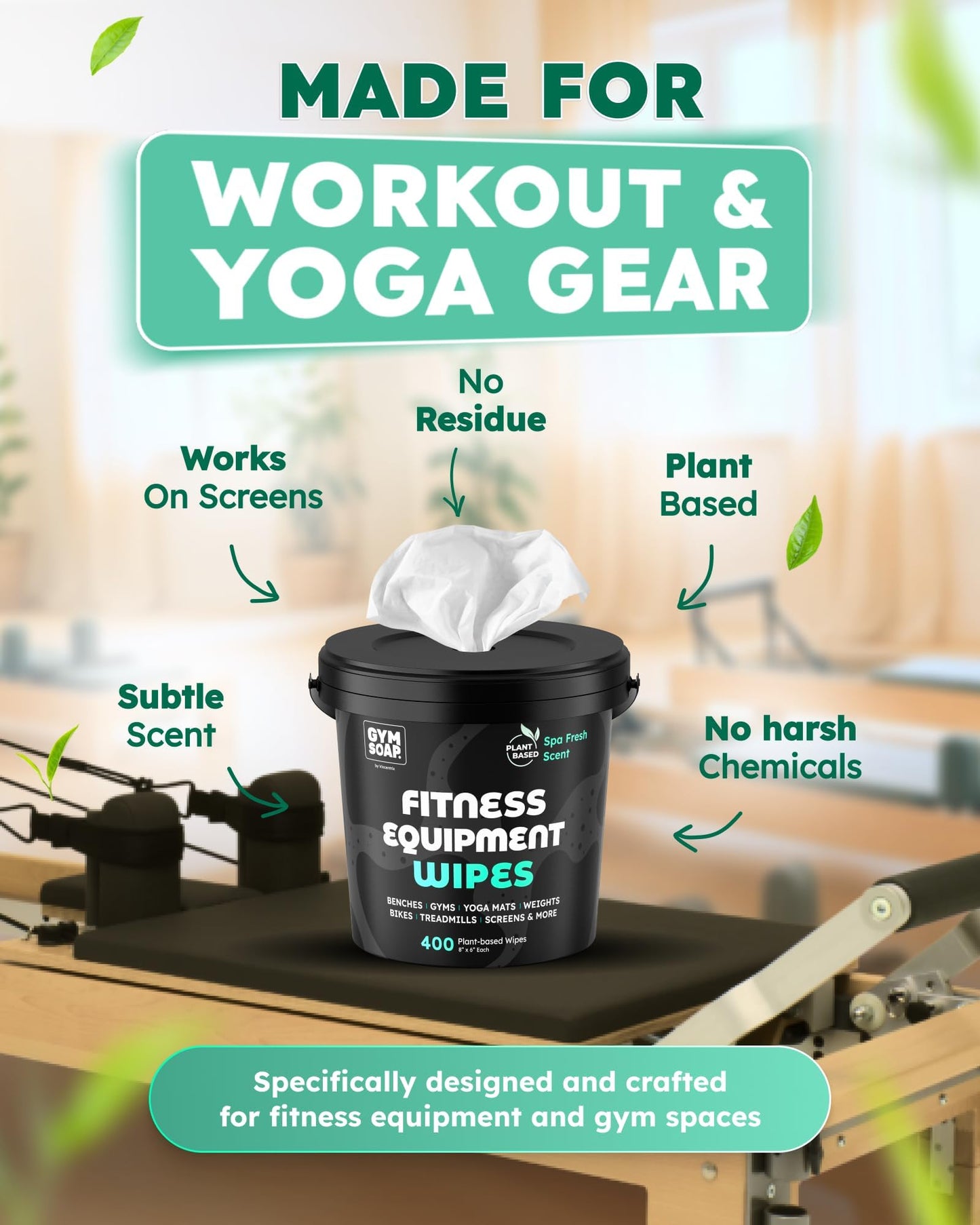 Gym & Yoga Mat Cleaner Wipes, Plant Based - 500 Gym Equipment Wipes to Clean Exercise Equipment, Treadmill, Peloton Bikes - Gym Supplies, Yoga Supplier, Cleaning Wipes for Home & Gym - Spa Fresh Scent