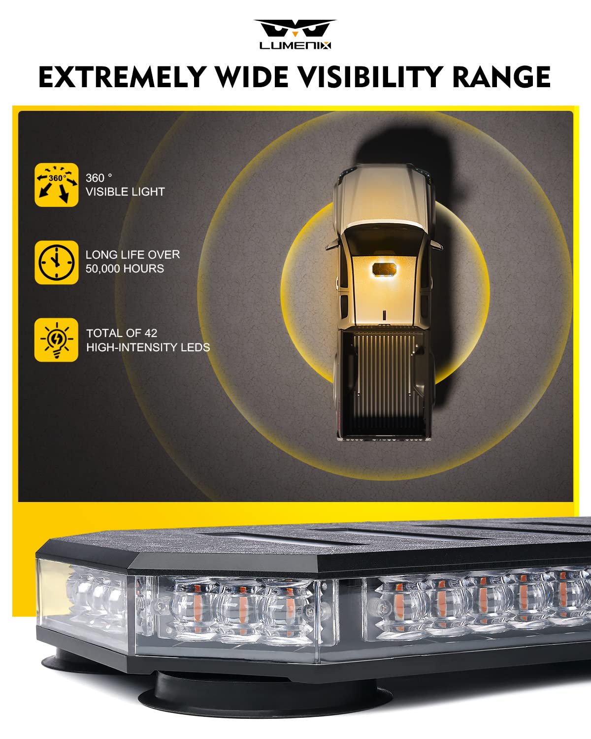 LUMENIX LED Rooftop Strobe Beacon Lights Bar w/Controller Magnetic Emergency Traffic Warning Flashing Plow Light for Construction Vehicles Trucks Snowplow Postal Mail Cars -White Amber (Patent Design)