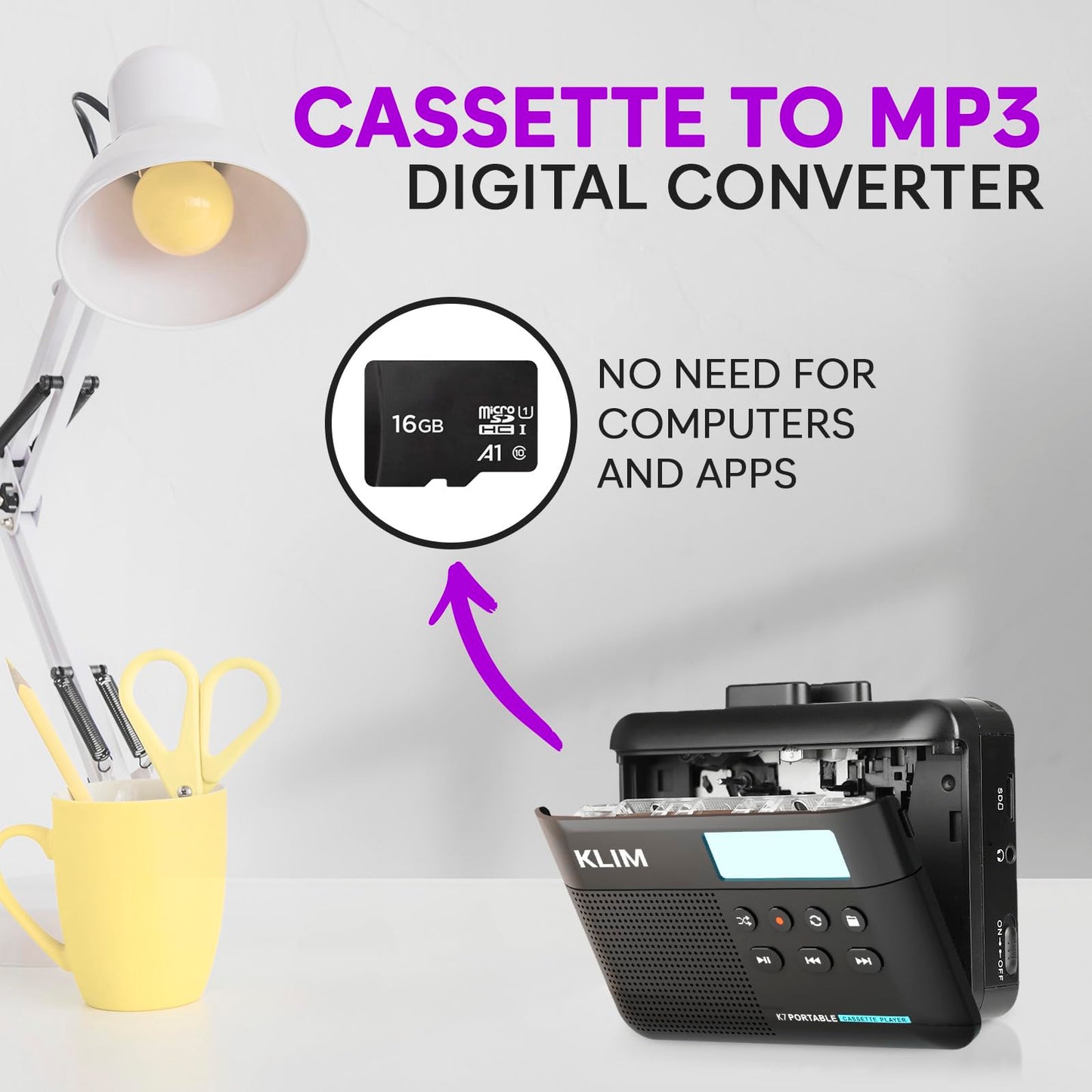 KLIM K7 Cassette Tape Player + Cassette to MP3 Converter + Portable Cassette Player + Walkman Cassette Player + Built-in Microphone & Speaker + Rechargeable Battery + Earphones + 16GB SD Card