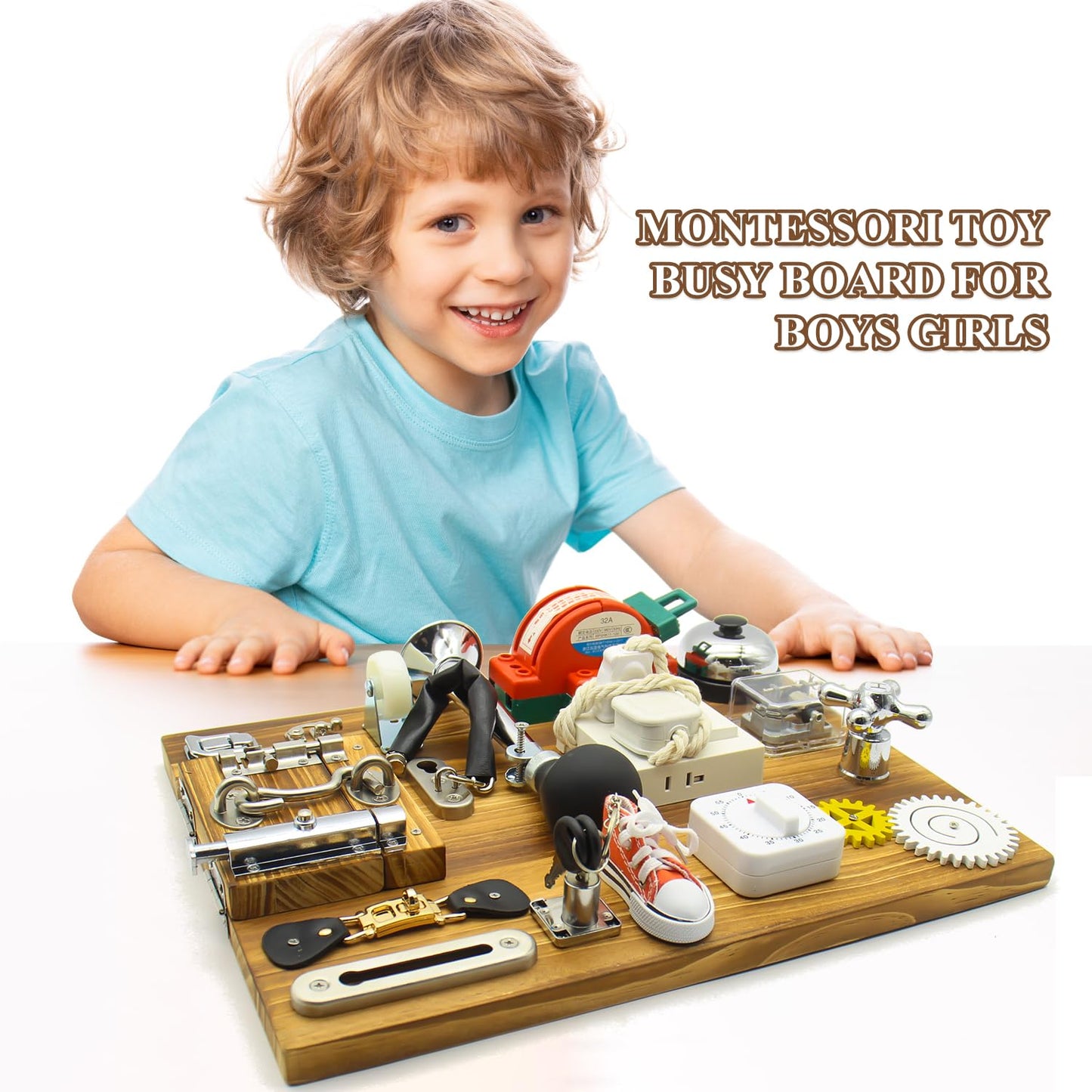 Mostop Toddler Busy Board Montessori Wooden Busy Board with Light Switches, Locks, Shoe Laces, Gears Sensory Travel Toy for Educational Toddler Activities for 3 4 5 6Year Old Boys & Girls