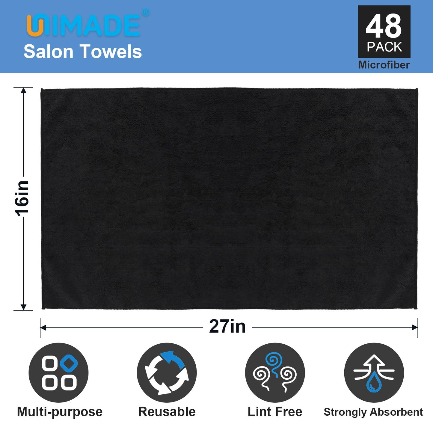 UNIMADE 48 Pack Salon Towels - Highly Absorbent and Quick Drying Hand Towels, Premium Wash Cloths for Bathroom, Gym, Shower, Hotel, and Spa - 16x27 inch (Black)