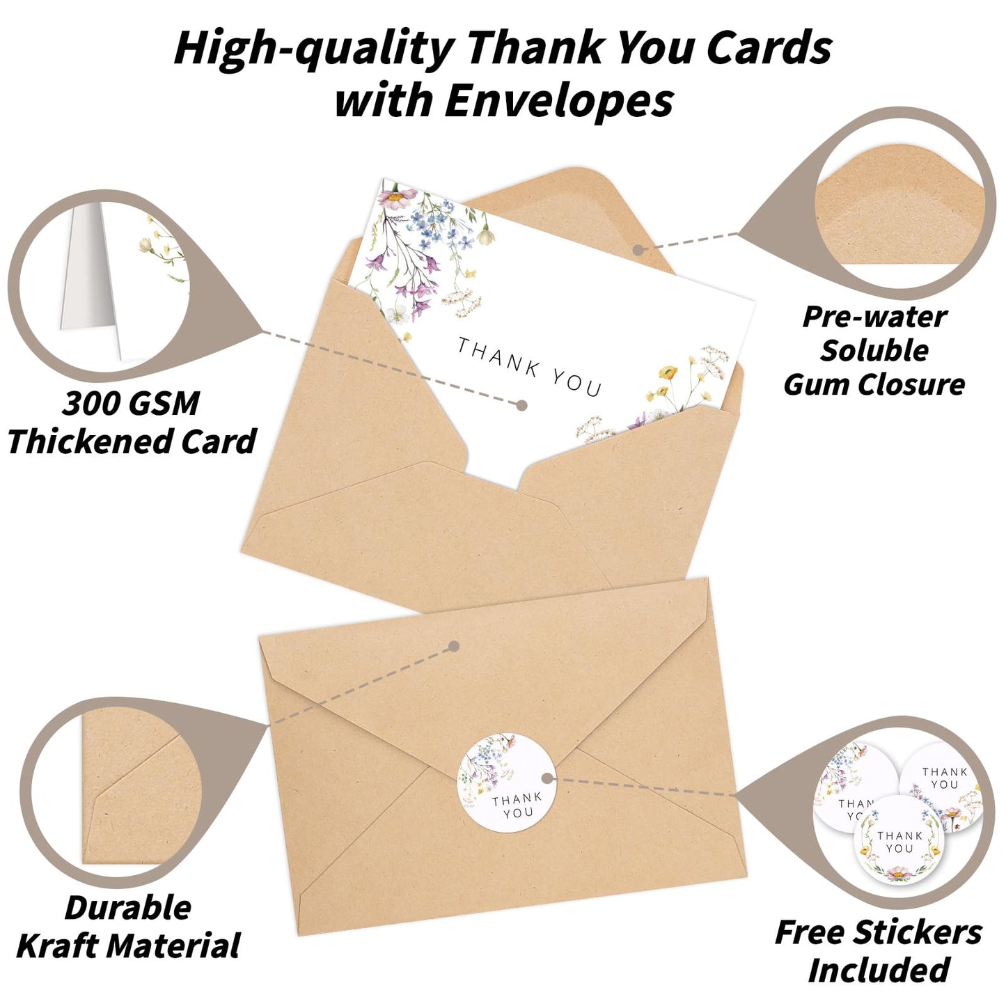 UZLU 600 PCS Floral Thank You Cards with Envelopes and Stickers, 4x6 Inch, 6 Wildflower Designs Thank You Notes, Greeting Cards with Envelopes for Wedding, Bridal Showers, Baby Showers