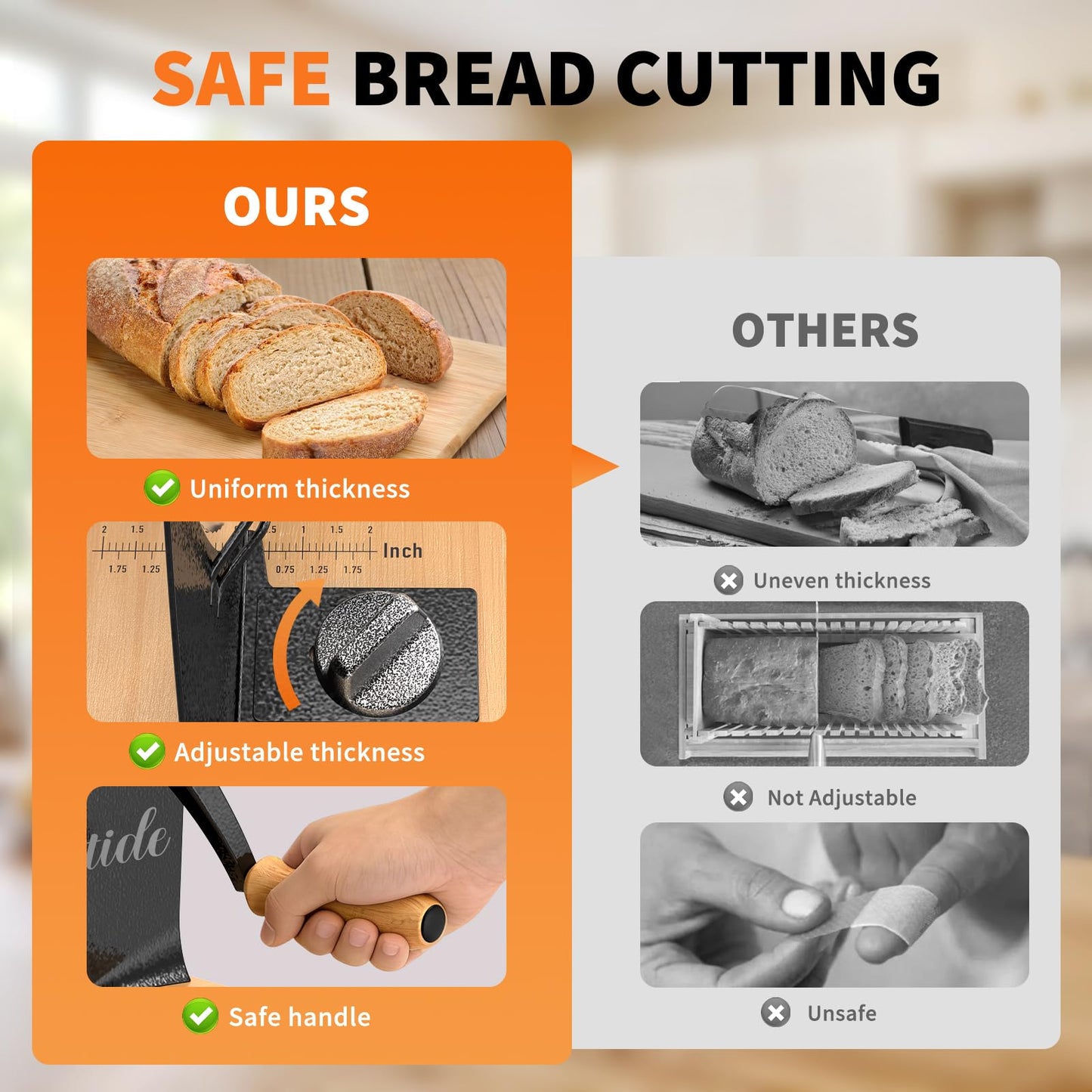 Manual Bread Slicer for Homemade Sourdough Bread, Hand Crank Bread Slicer With Scale Line, Suction Cups and Quality Solid Wood Base, Adjustable Thickness, Evenly Slice