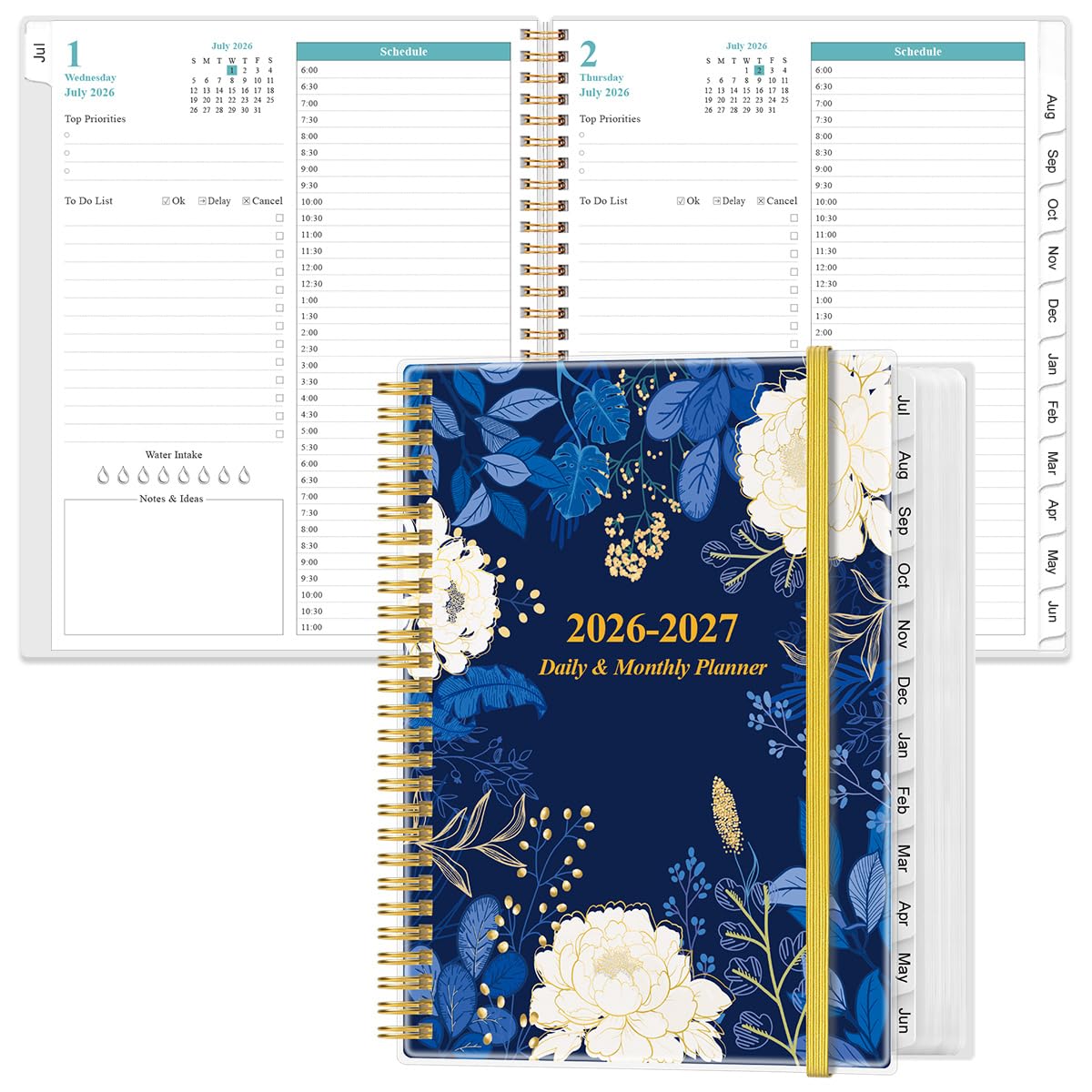 2026-2027 Daily & Monthly Planner - One Page Per Day, Daily Planner from July 2026 - June 2027, Planner 2026-2027 with 12 Monthly Tabs, 8.5" x 11", Blue Leaf Flower