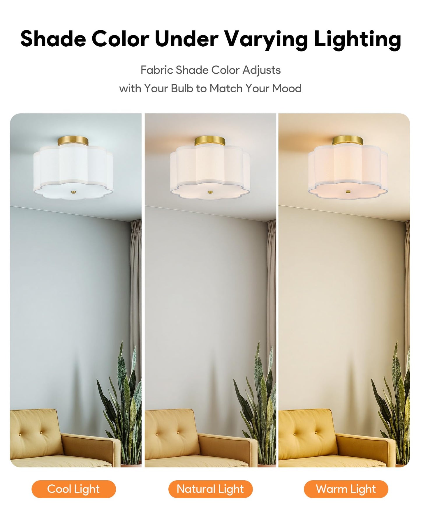 VONLUCE Semi Flush Mount Ceiling Light, 12.6" Ceiling Light Fixture with Flower-Shaped Fabric Shade, 3-Light Modern Light Fixture for Bedroom Living Room Nursery Hallway, White Shade & Gold Finish