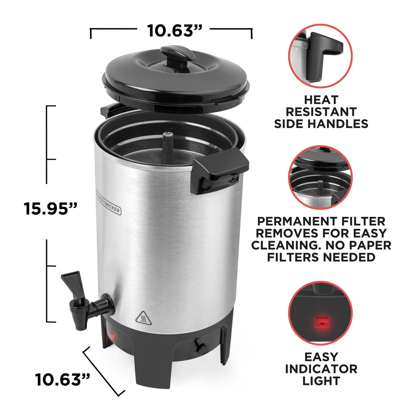 BLACK+DECKER 40 Cup Coffee Urn, Fast Brewing, Aluminum, Keep Warm Function, Heat Resistant Handles, Indicator Light