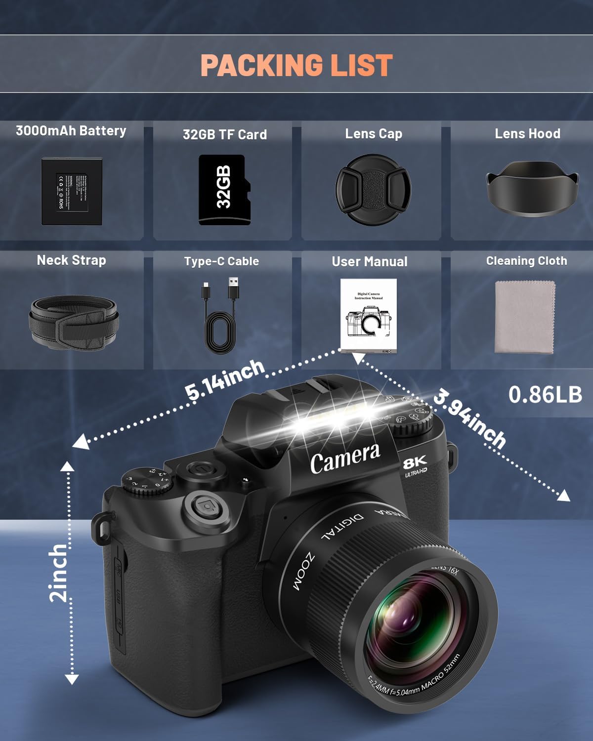 8K 64MP Digital Camera for Photography, Vlogging Camera with Autofocus, WiFi, 4 Inch Touchscreen, 16X Digital Zoom, 3000mAh Battery, Dual-Lens, Lens Hood, 32GB TF Card and Flash,Black