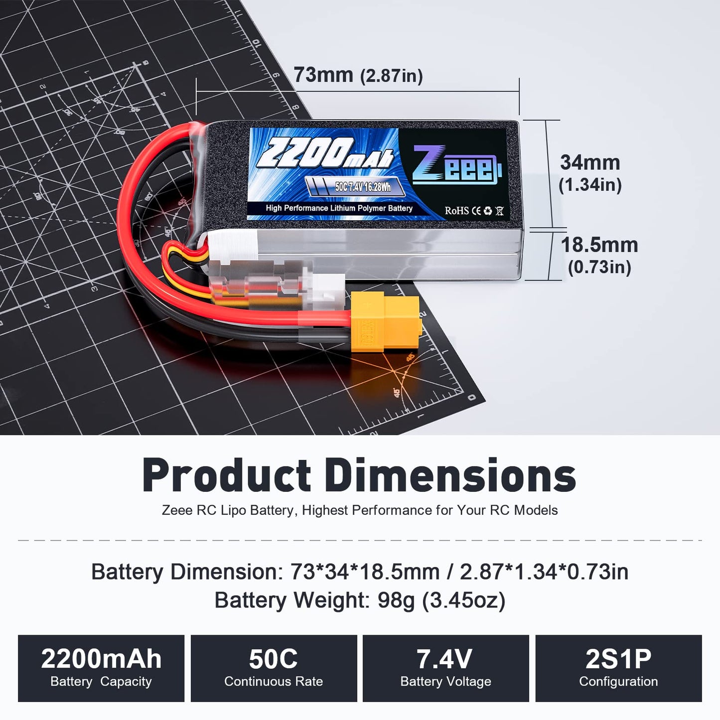 Zeee 2S Lipo Battery 2200mAh 7.4V 50C Shorty Pack Battery with XT60 Connector Soft Pack for 1/16 Slash RC Car RC Truck RC Helicopter Airplane Quadcopter Drone RC Boat Racing Models (2 Pack)