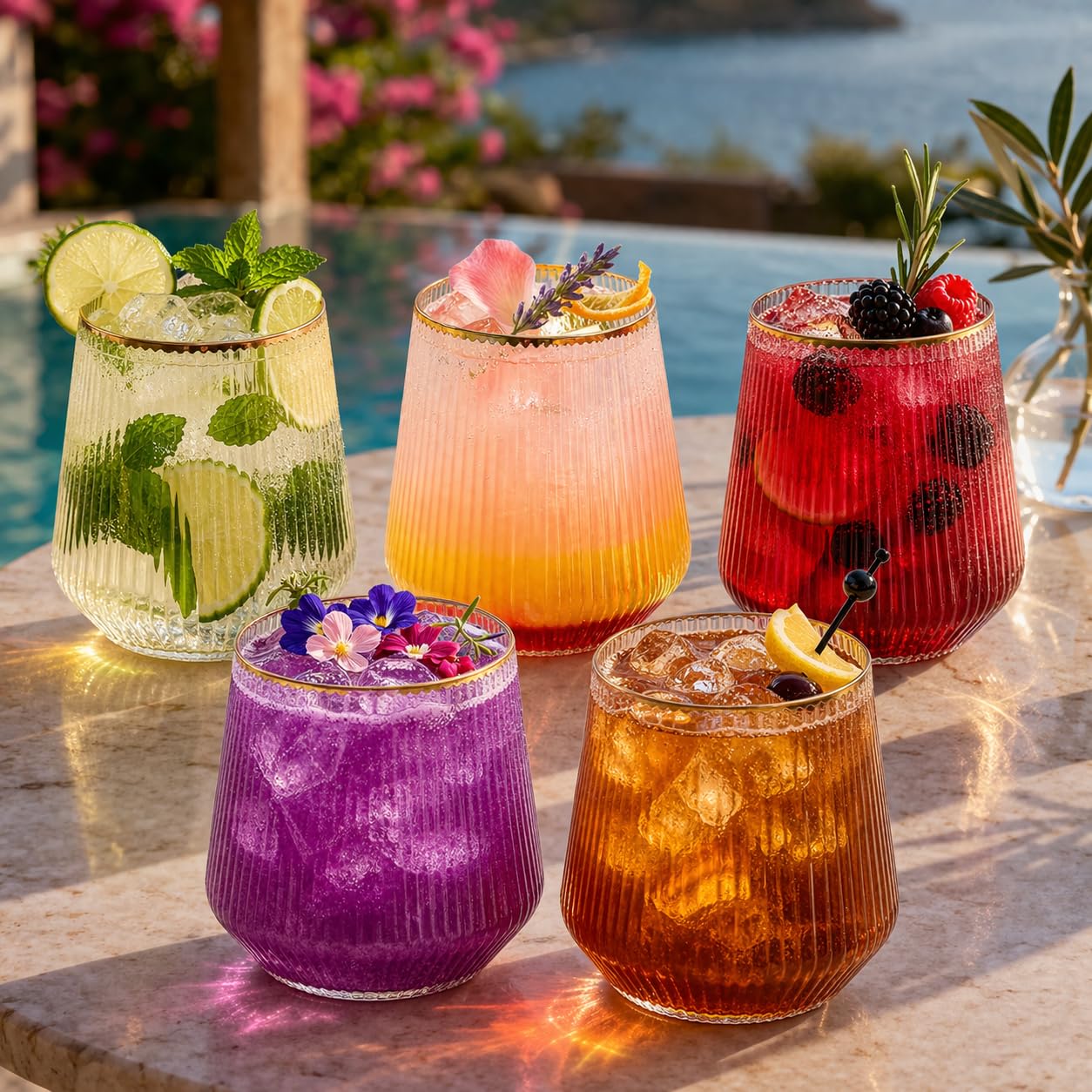Oojami 40 Pack 14 oz Origami Ripple Stemless Ribbed Plastic Wine Glasses, Disposable Unbreakable BPA-Free Cocktail Cups for Fancy Parties, Weddings, Indoor Outdoor Champagne, Whiskey, Mimosa, Gold Rim