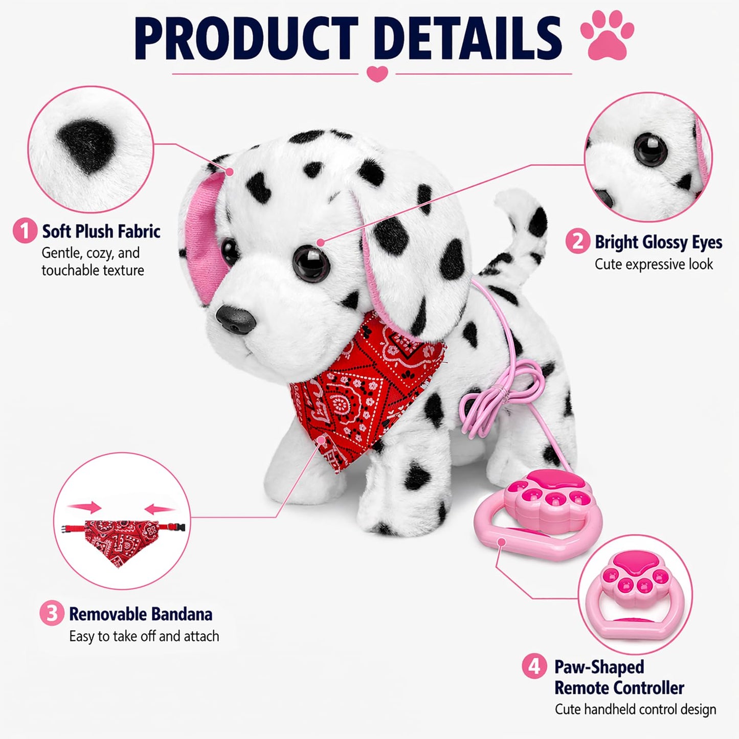 YH YUHUNG Walking and Barking Dalmatian Puppy Dog Stuffed Animated with Remote Control Leash,Head Nod,Walking,Barking,Tail Wagging,Electrnoic Pets Puppy Plush Toy for Kids,Boys and Girls Gift