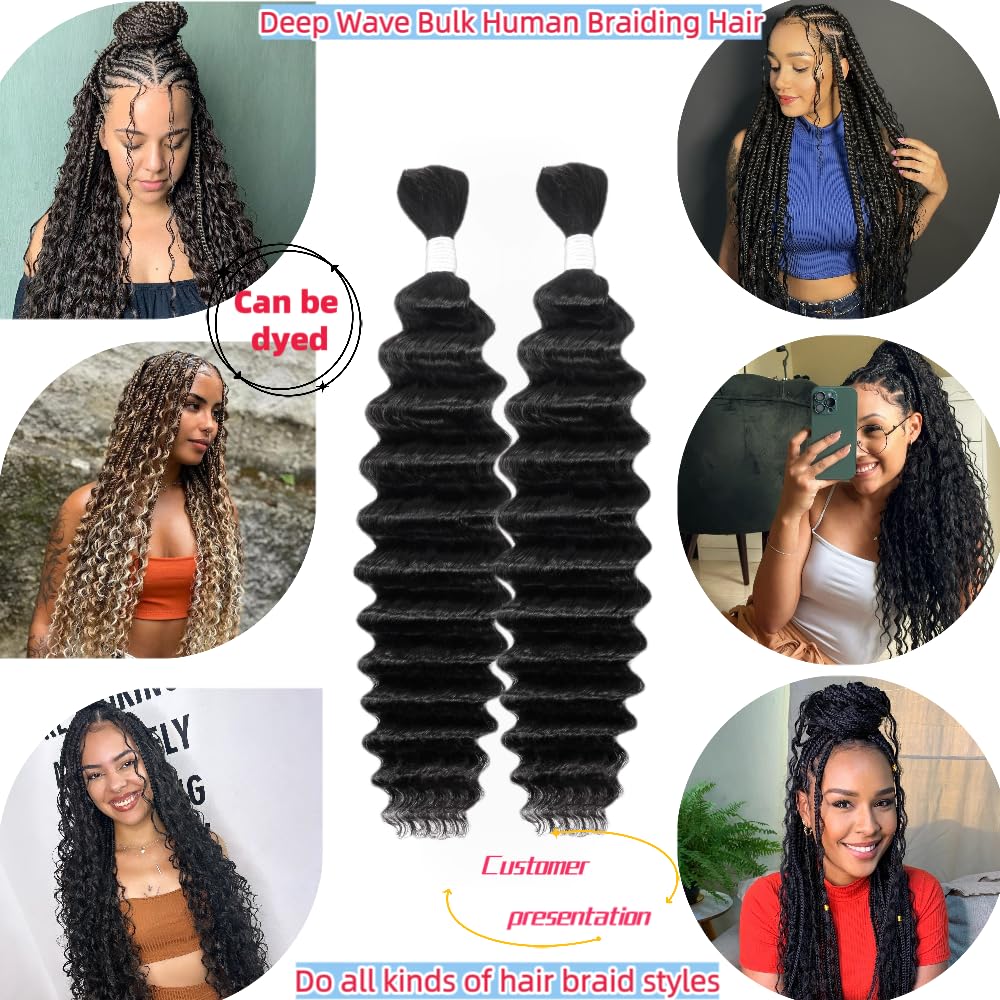 Deep Wave Human Braiding Hair 24Inch 2 Bundles 100g Bulk Human Hair for Braiding No Weft Human Braiding Hair for Boho Braids Wet and Wavy 100% Brazilian Virgin Curly Hair for Braiding Hair Extensions