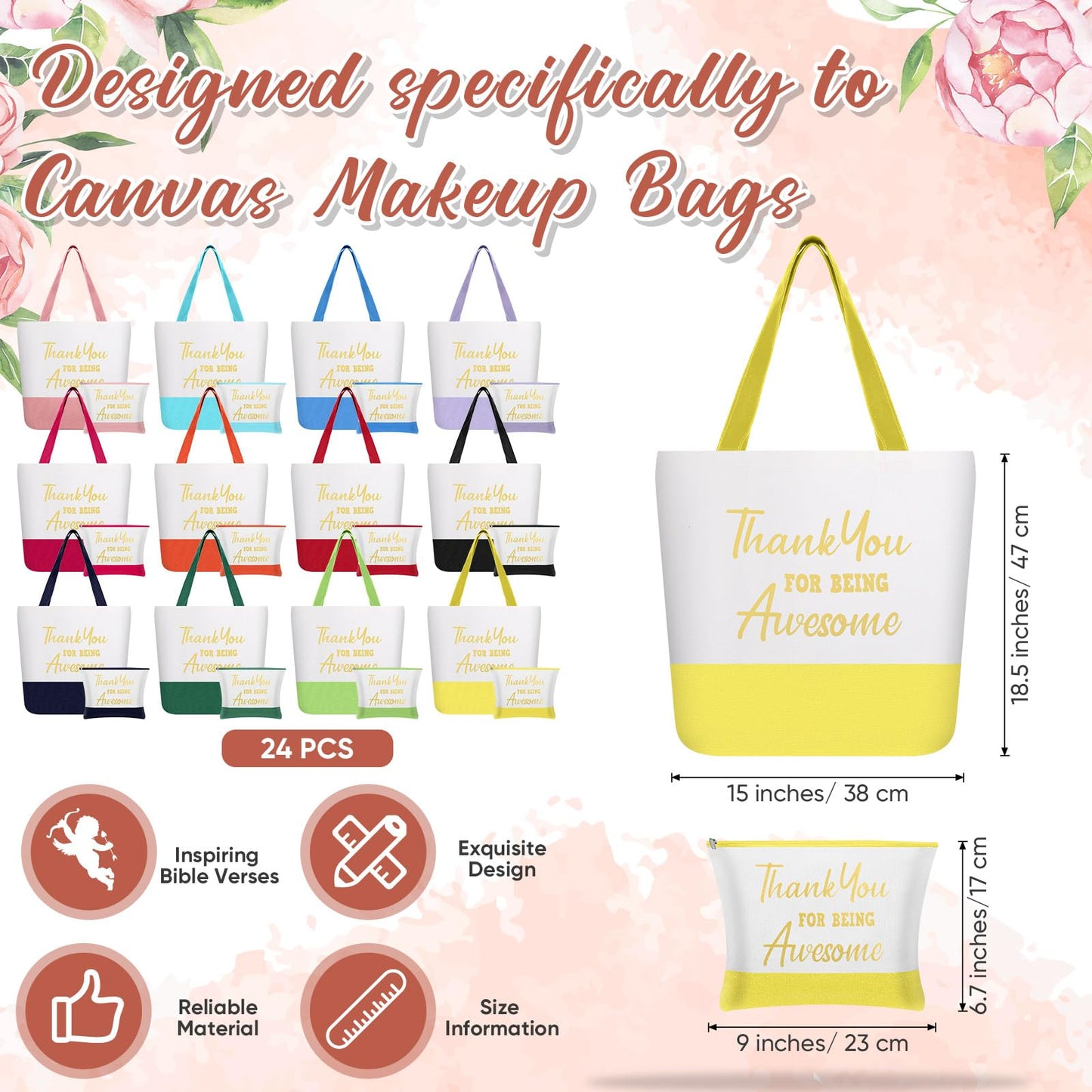Clysee 24 Pcs Thank You Gifts for Women - Inspirational Teacher & Nurse Appreciation Canvas Makeup Bags