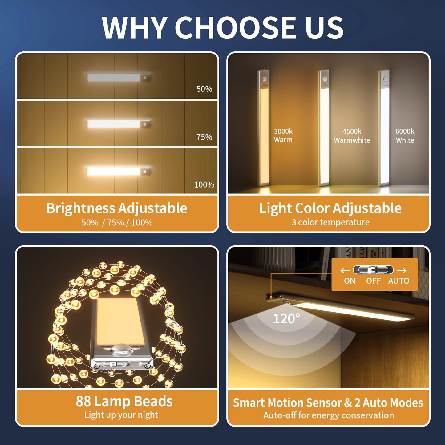 SOUL LINK Under Cabinet Lights, 88 LED Operated Motion Sensor Light Indoor, 2200mAh USB Rechargeable Closet Lights, 6 Pack Magnetic Dimmable Wireless Under Counter Lights for Kitchen, Stairs