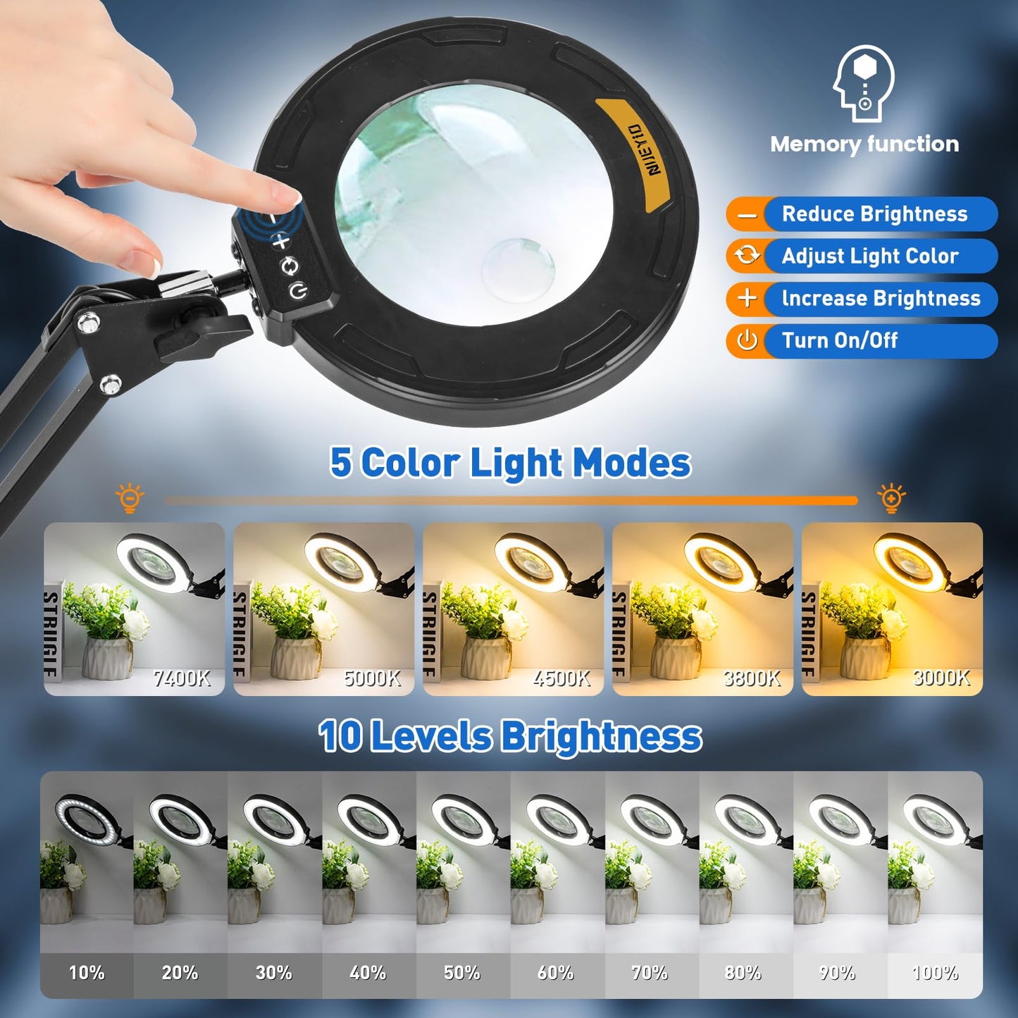 Ultra Long 3-Section Swing Arm 12X 30X Magnifying Glass with Light and Stand, 4-Way Metal Clamp Lighted Magnifier Lamp, 5 Color Modes LED Magnifying Lamp for Workbench Hobby（12X/30X 35.2in Clamp ）