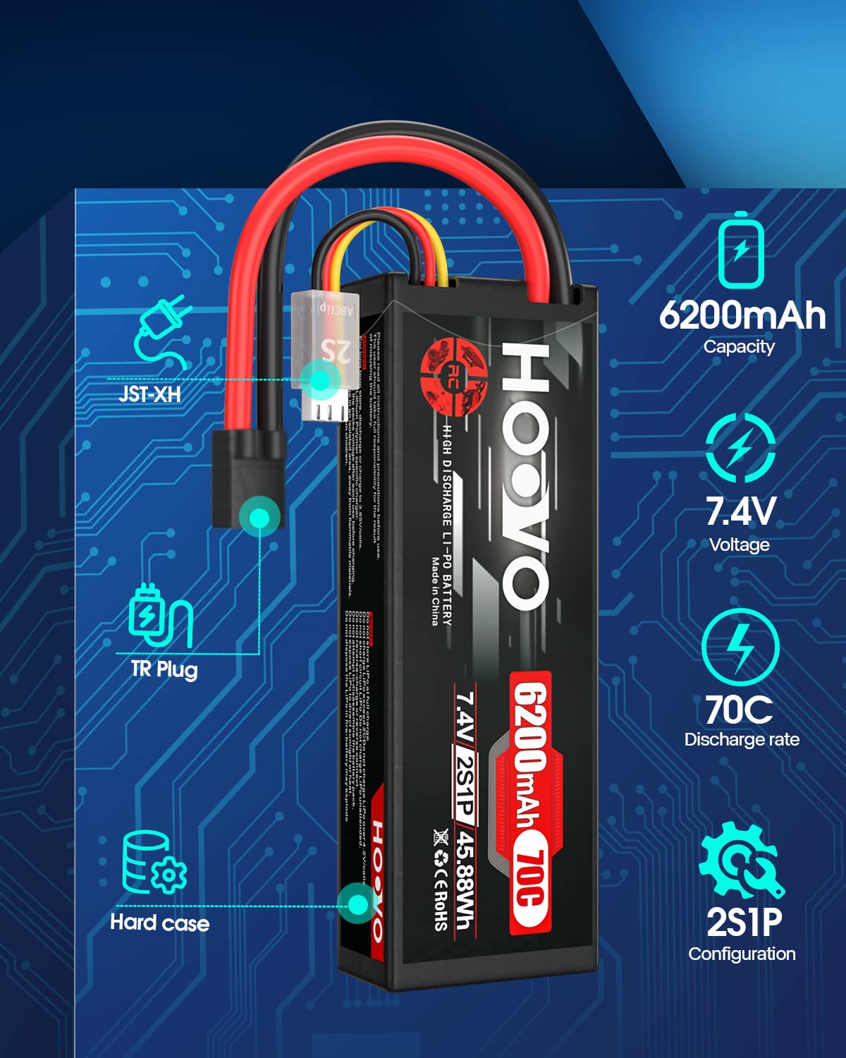 HOOVO 7.4V 70C 6200mAh 2S Lipo Battery Hard Case with Tracxas Plug for RC Car RC Helicopter RC Truck RC Truggy Airplane Quadcopter UAV Drone FPV (2 Packs