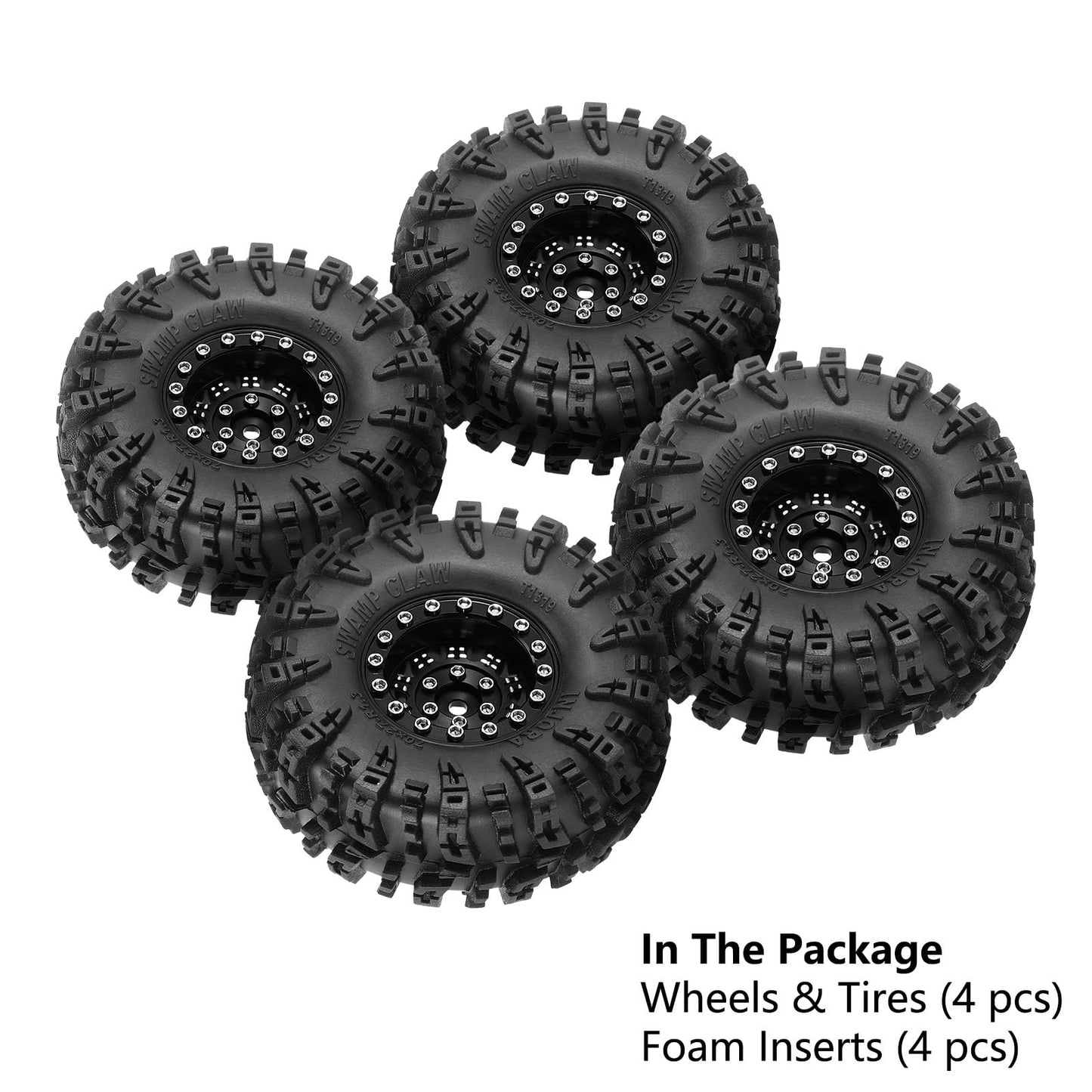 INJORA 1.3" Wheel Tires Set - S5 Swamp Claw Mud Terrain Tires and Aluminum Wheel for 1/18 1/24 SCX24 TRX4M Upgrade RC Crawler Car