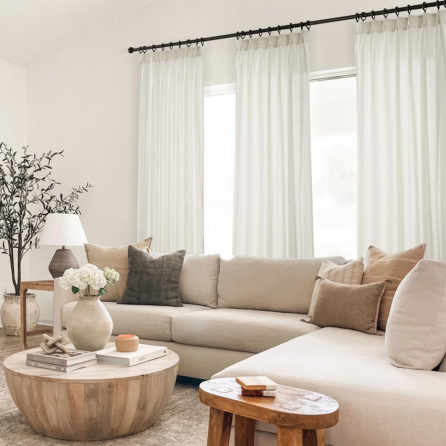 96 Inches Long Pinch Pleated Semi Sheer Curtains,Natural Linen Blended Light Filtering Window Curtains 96 Length 2 Panels for Living Room Bedroom Pinch Pleat Drapes with Hooks 2 Panels 40" Wx96 L