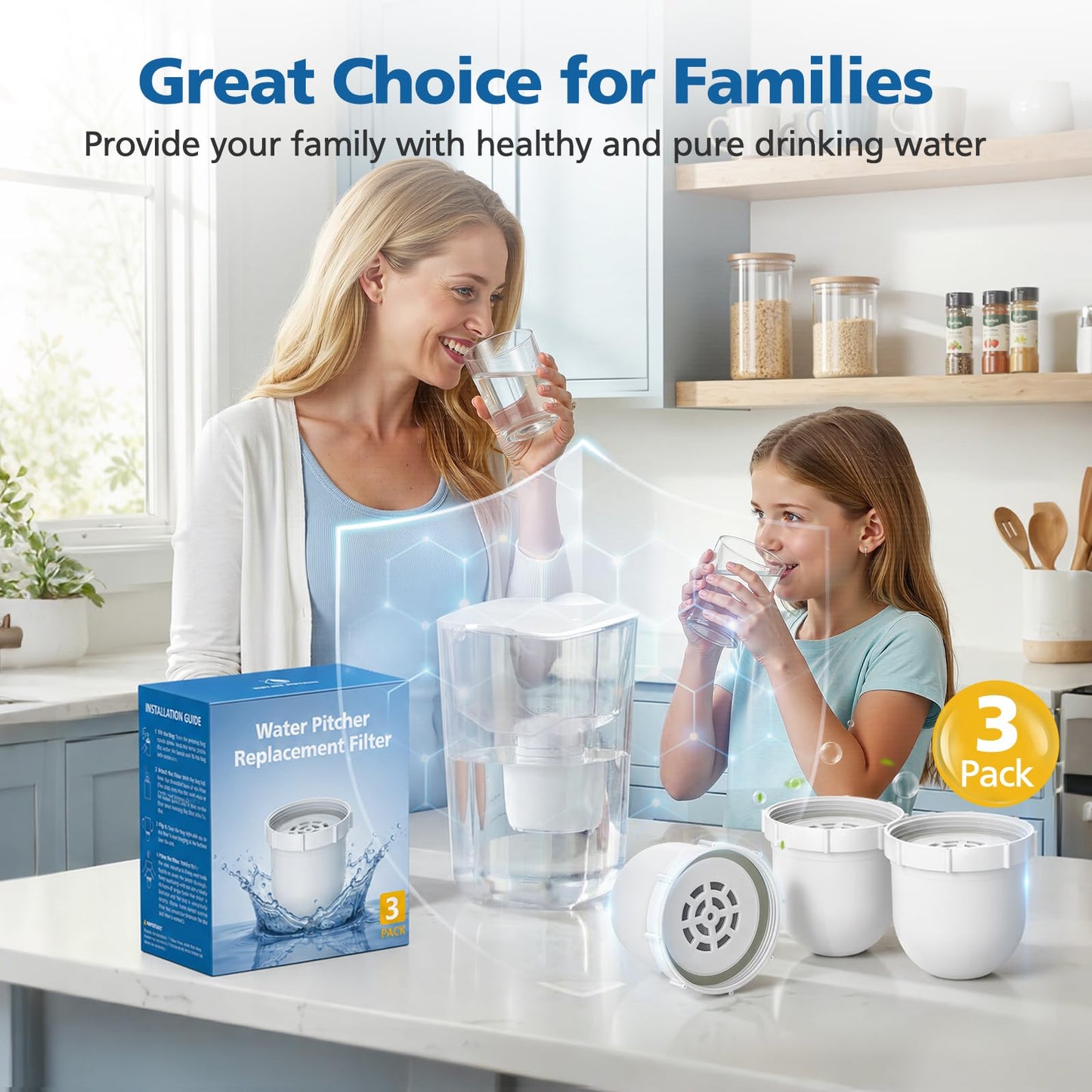 Water Pitcher Replacement Filter Compatible with Clearly Filtered No.1 Filtered Water Pitcher, High-Efficiency Coconut Shell Activated Carbon for 365+ Contaminants, 3 Pack Filters + 1 Pre-rinse Bag