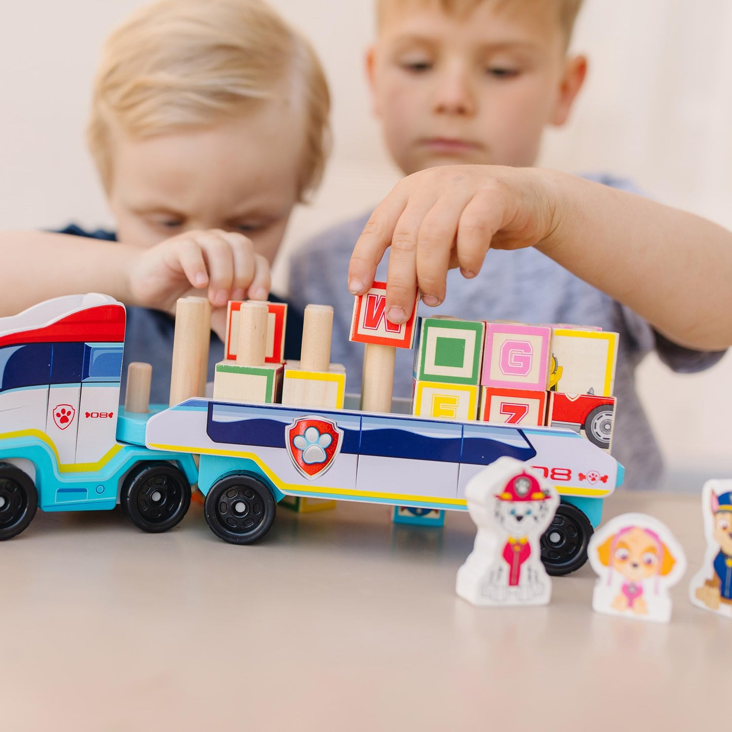 Melissa & Doug PAW Patrol Wooden ABC Block Truck (33 Pieces) PAW Patrol Sort and Stack Toys, Alphabet Blocks for Toddlers, Wooden Vehicle Toys for Kids Ages 3+