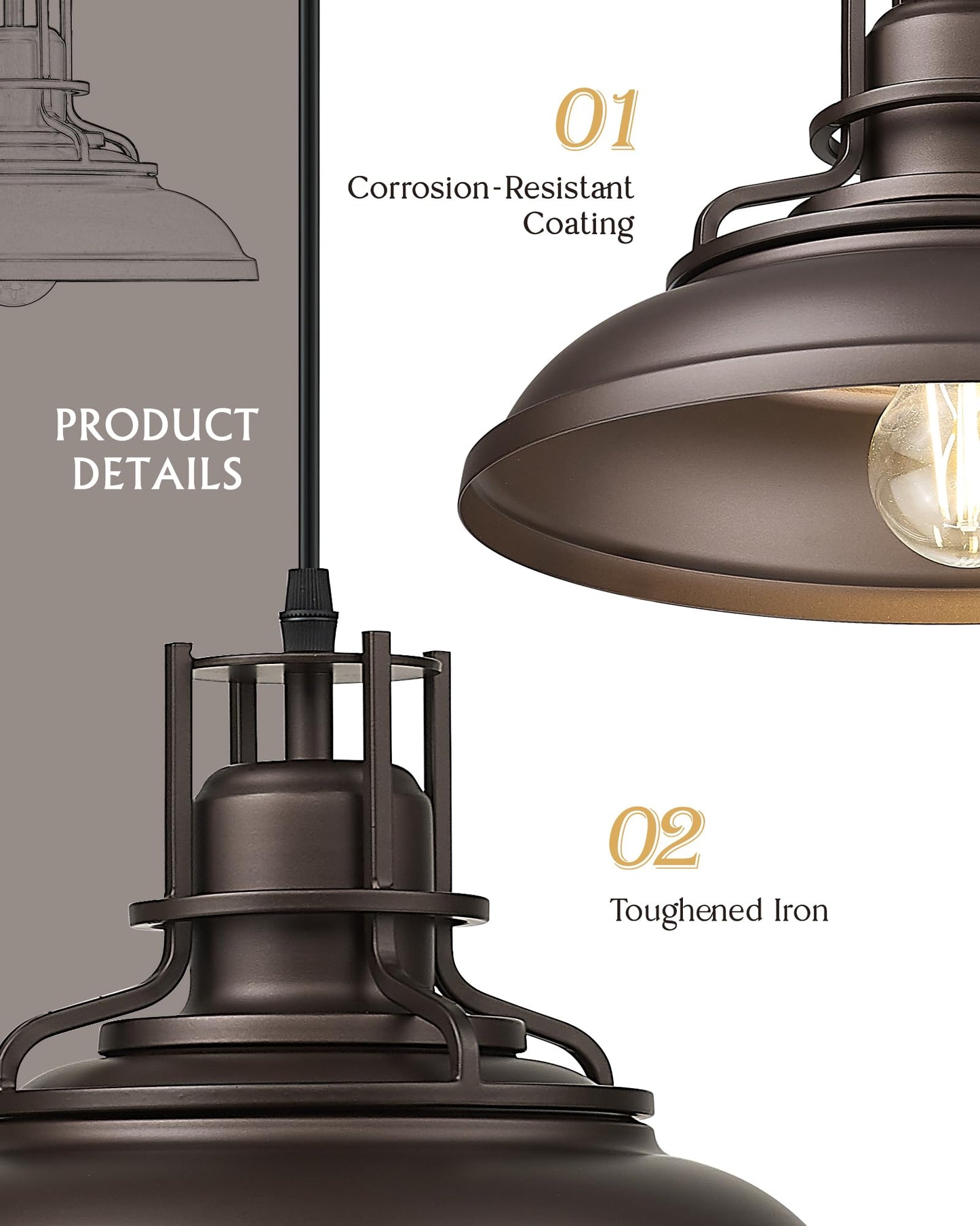 FEMILA Farmhouse Pendant Light,12" Barn Vintage Hanging Light Fixture for Kitchen Island, Adjustable Height,Oil Rubbed Bronze Finish, 4FY15-MP ORB