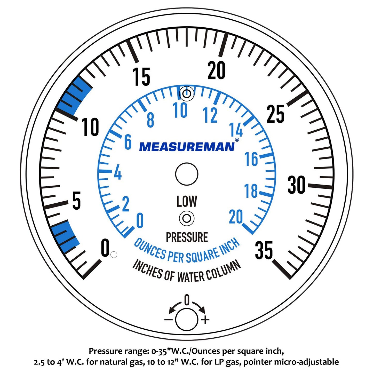 Measureman Natural Gas or LP Gas Manifold Pressure Test Kit, 0-35 "W.C., 1/4"NPT, 40" Length Hose
