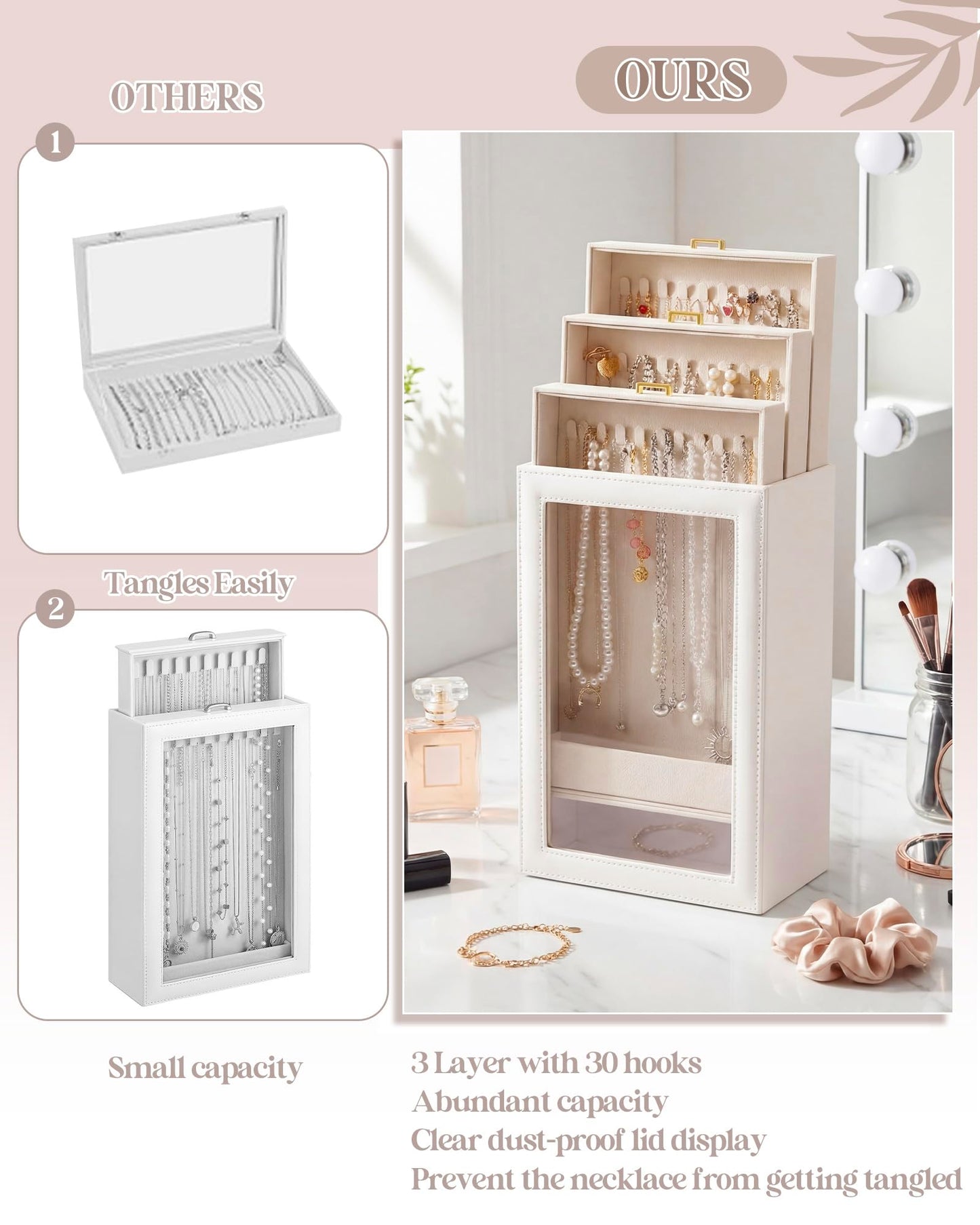 Huquary 3 Layer Vertical Necklace Holder Organizer Box 12.6" x 7.9" x 5", 30 Hooks PU Necklace Storage Box with Clear Lid Necklaces Display Case for Jewelry Organizer Storage Women Gift(White)