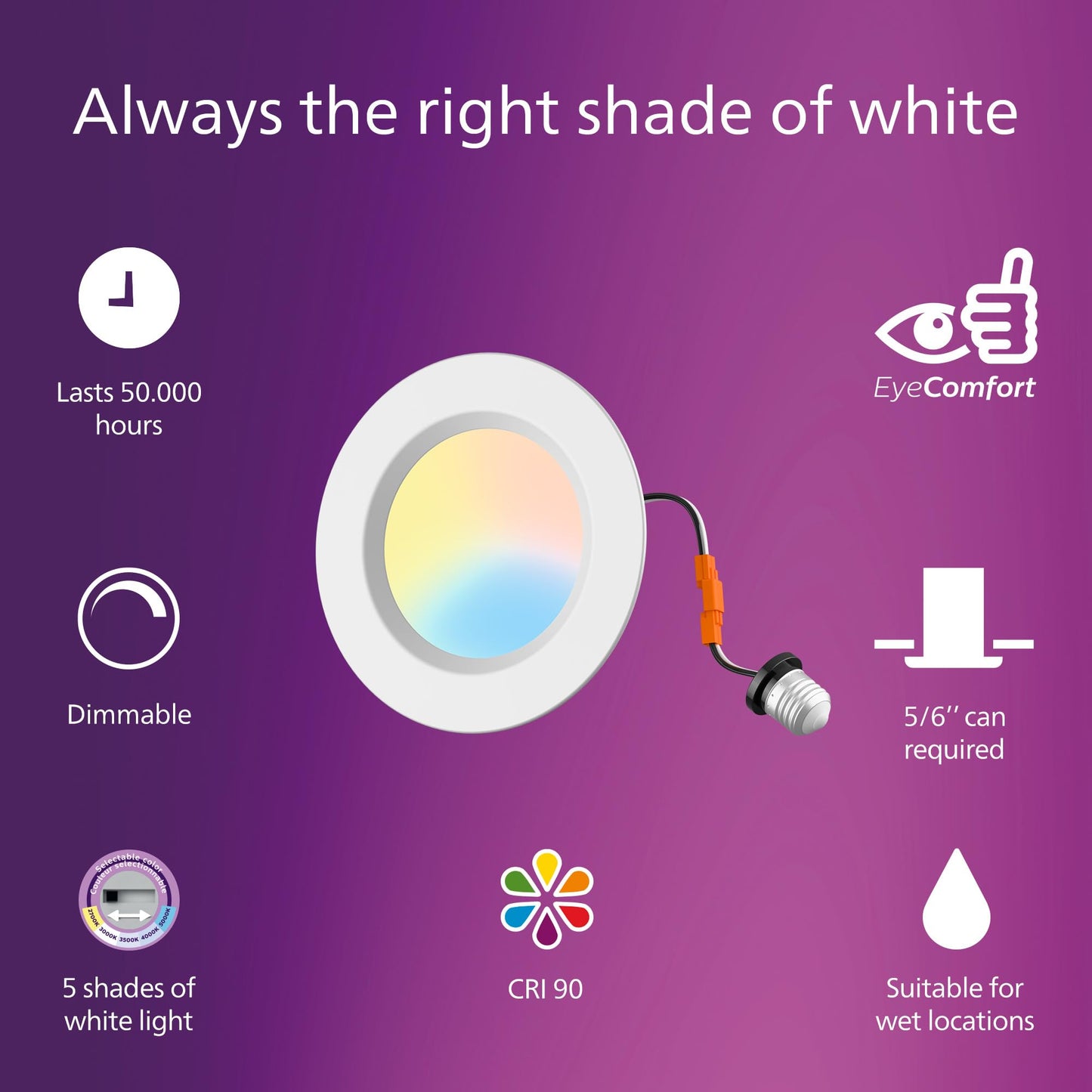 Philips LED Retrofit Downlight, 12 Lights, 5/6-inch, EyeComfort, Easy to Install, 5 CCT Settings, Soft White Light to Daylight, Dimmable, IC Rated, Long Lifetime, CRI 90