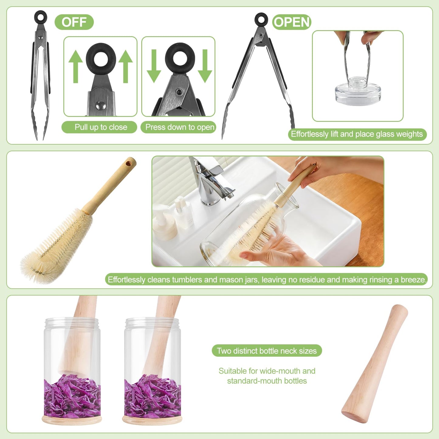 Fermentation Kit for Wide Mouth Mason Jars-4 Stainless Steel Fermentation Lids,4 Glass Fermentation Weights,1 Silicone Tong,1 sauerkraut pound, 1Wooden Handle Brush Cleaner（ Jars Not Included ）