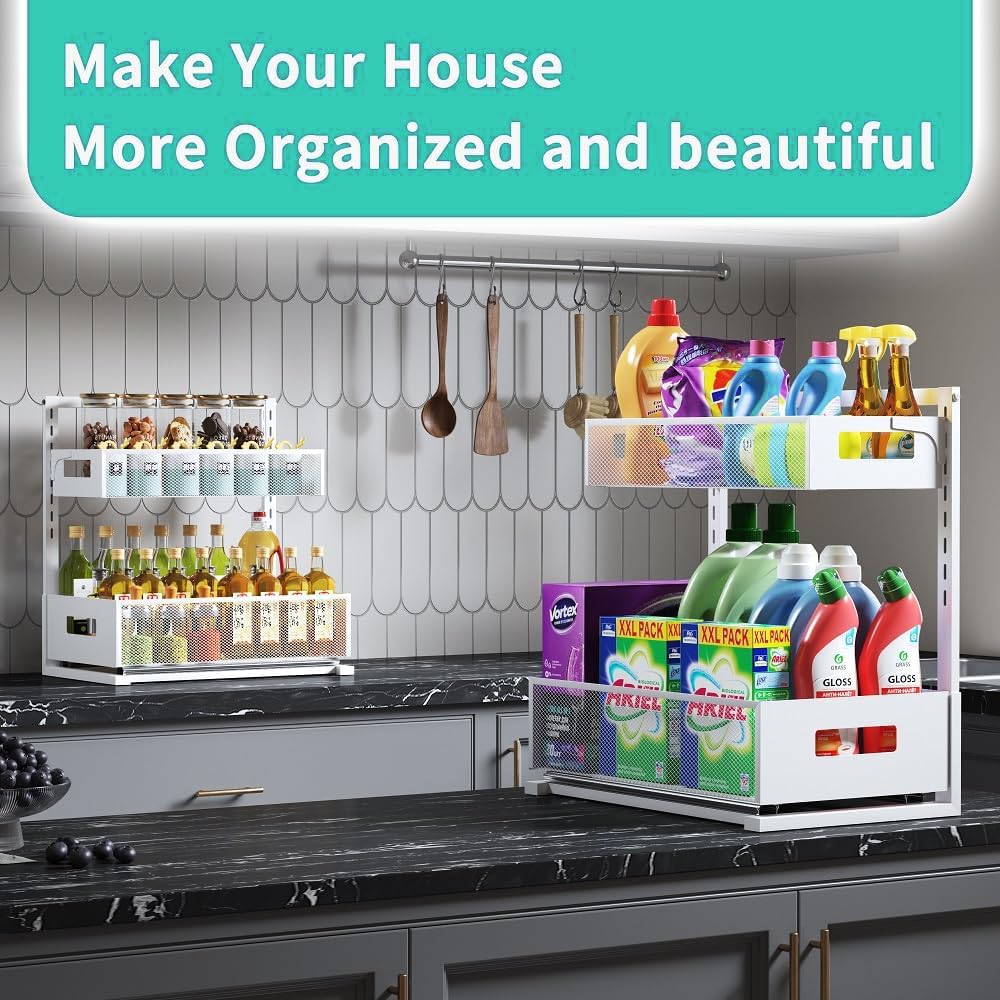 Under Sink Organizer Adjustable Height 2 Tier Bathroom Organizer Pull Out Cabinet Organer kitchen organizers and storage fridge organizers and storage,White,XL-1 Pack