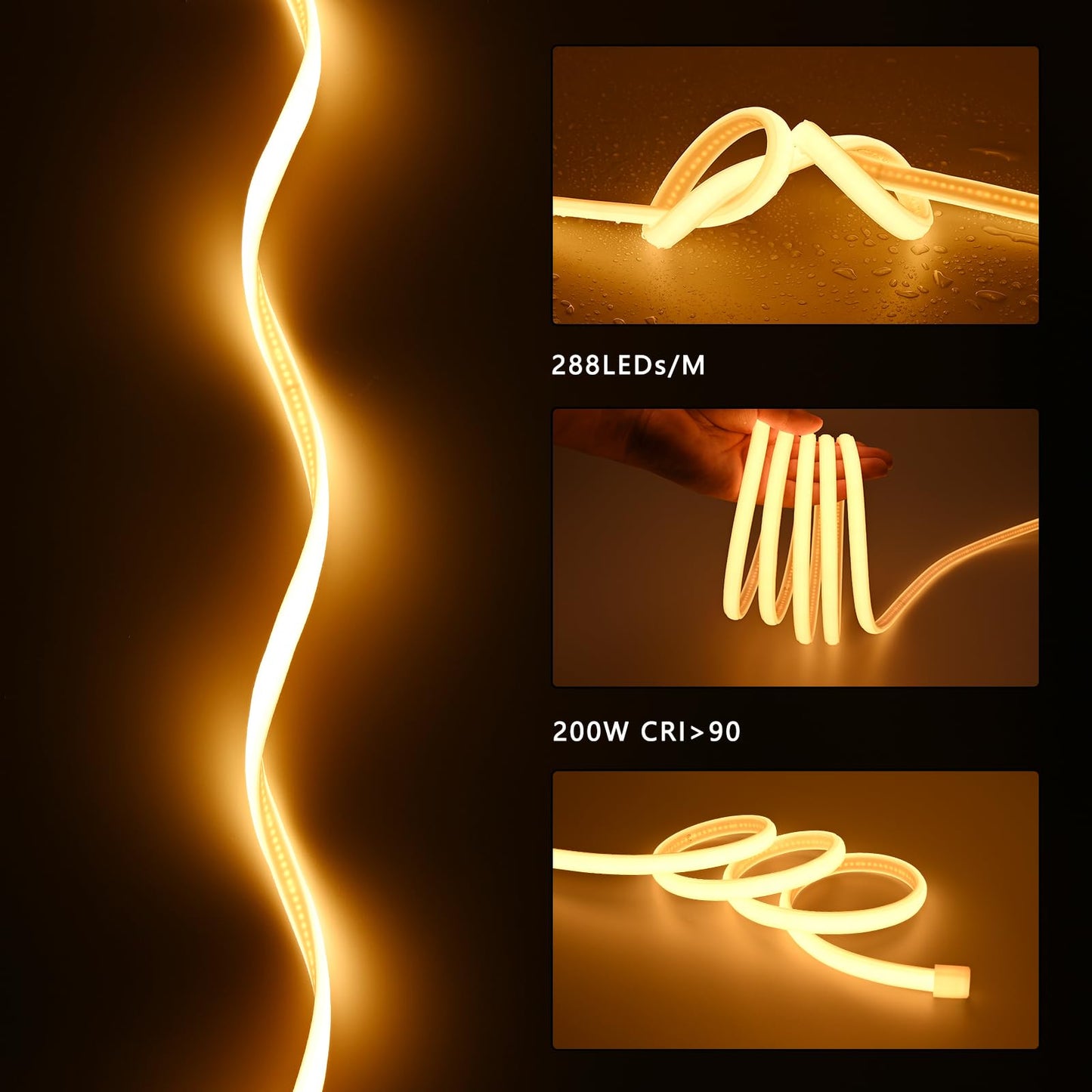 BENLUN AC 110V COB LED Strip Lights Outdoor Waterproof 65.6ft, 2700K Warm White Super Bright 200W CRI 90+ LED Rope Light, IP65 Flexible Cuttable, for Bedroom Garden Commercial House
