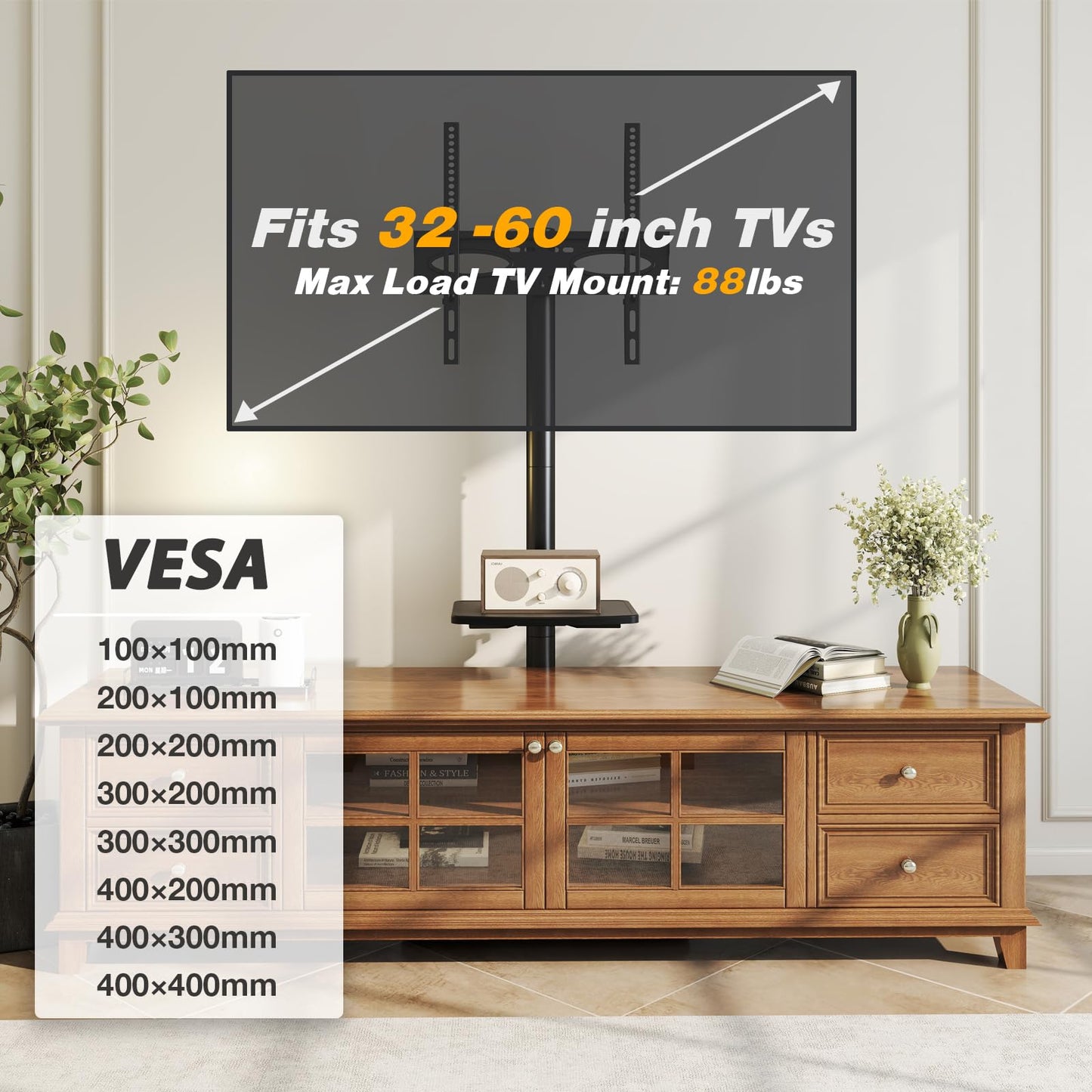 TVON Floor TV Stand with Power Outlet, TV Mount Stand for 32-60 inch TVs up to 88 lbs, Swivel TV Stand Mount with Height Adjustment and Safety Wood Base for Office, Corner, Max VESA 400x400mm