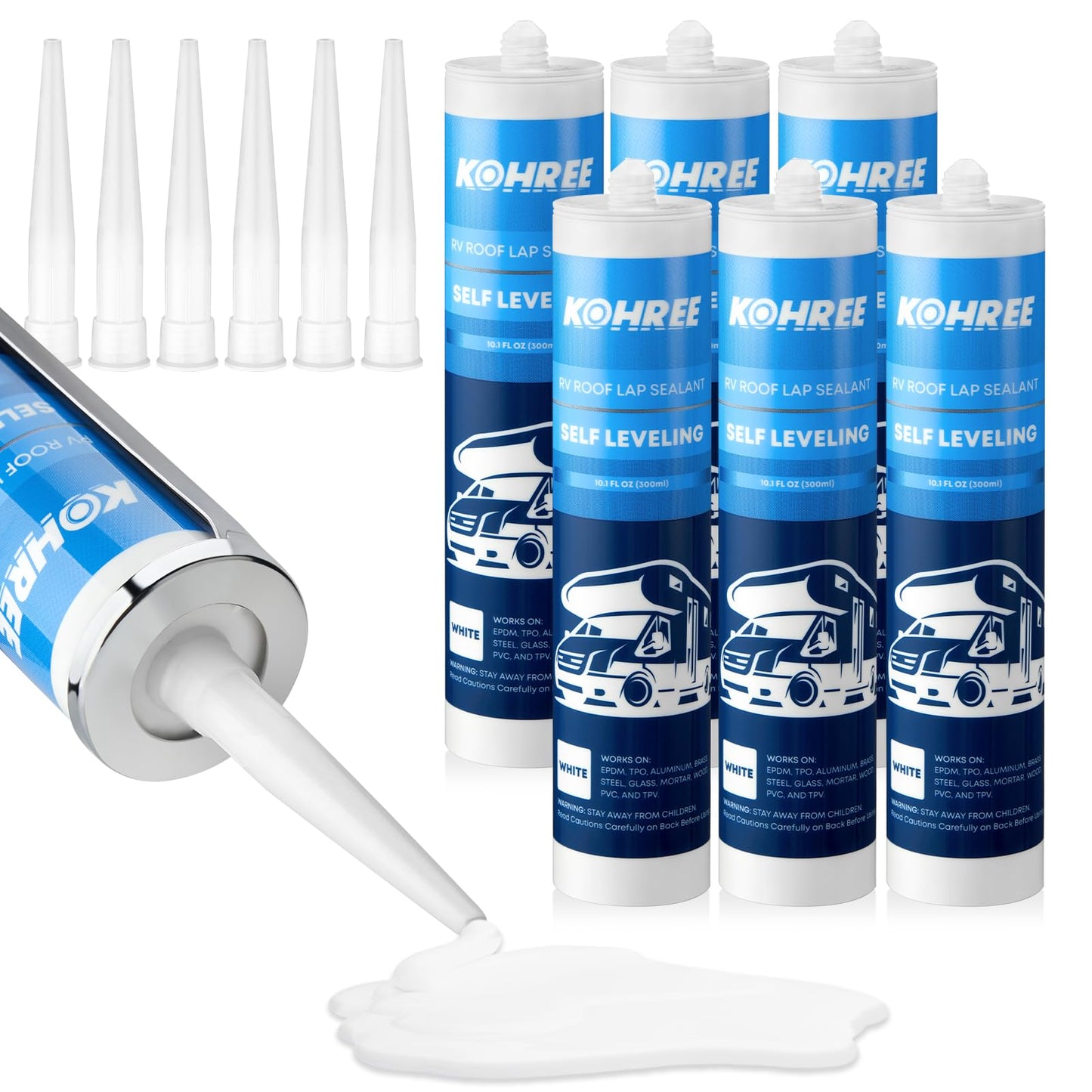 Kohree RV Roof Sealant 6 Pack, Self-Leveling Lap Sealant White, RV Caulking Exterior for RV Roofs, Maintenance, Repair