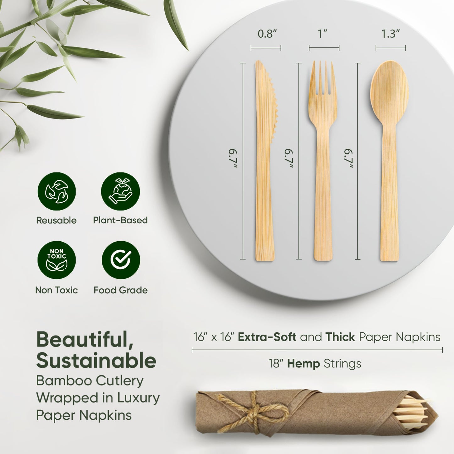 EcoPreps Premium Pre Rolled Brown Paper Napkin and Bamboo Cutlery Set (50 Pack, 200 PCS) 100% Biodegradable, Disposable Wrapped Disposable Silverware Cutlery - Pre-Wrapped Bamboo Forks, Knives, Spoons