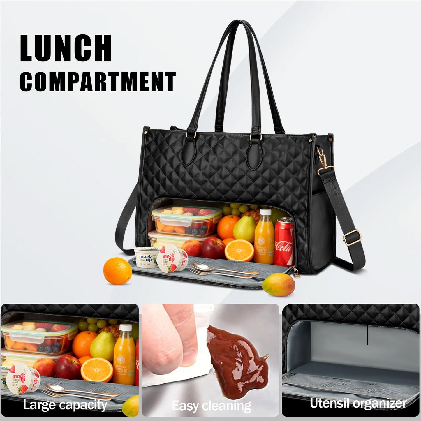 KKXIU Updated 2-in-1 Insulated Lunch Bag & 15.6 Inch Laptop Tote for Women, Large Capacity Thermal Meal Bag with Padded Laptop Compartment, Quilted Work Bag for Office, Teacher, Commuter (Black)