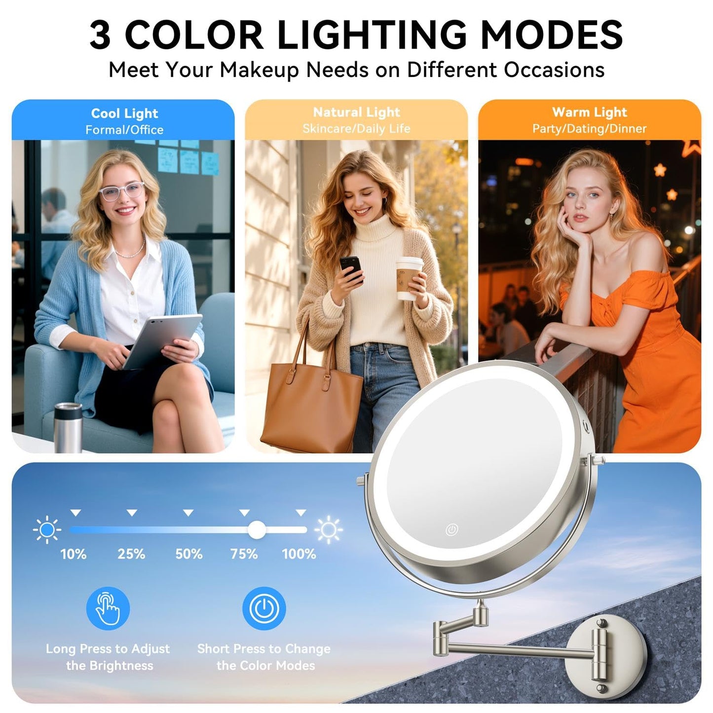 5000mAh Rechargeable Wall Mounted Lighted Makeup Mirror, 9'' 30X/1X Double-Sided Magnifying Mirror with Light, Bathroom Mirror Touch Dimmable 3 Colors 360° Rotation Extended Arm, Power Adapter