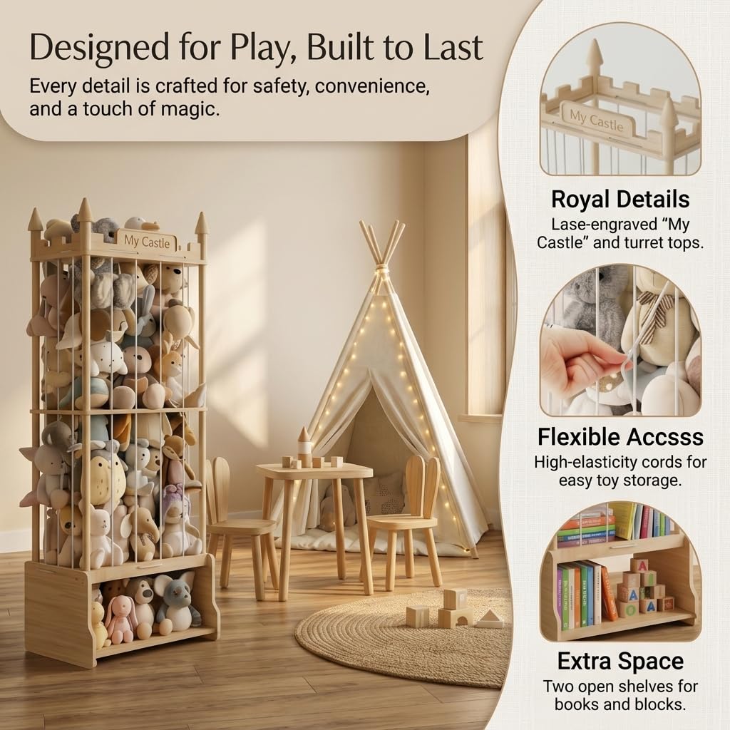Topbooc Knot-Free Wooden Stuffed Animal Storage Tower with Pre-Installed Cords, Montessori Stuffed Animal Zoo Furniture with Castle Top & Toy Chest, 57" Hand-Sanded Natural Wood (Montessori Castle)