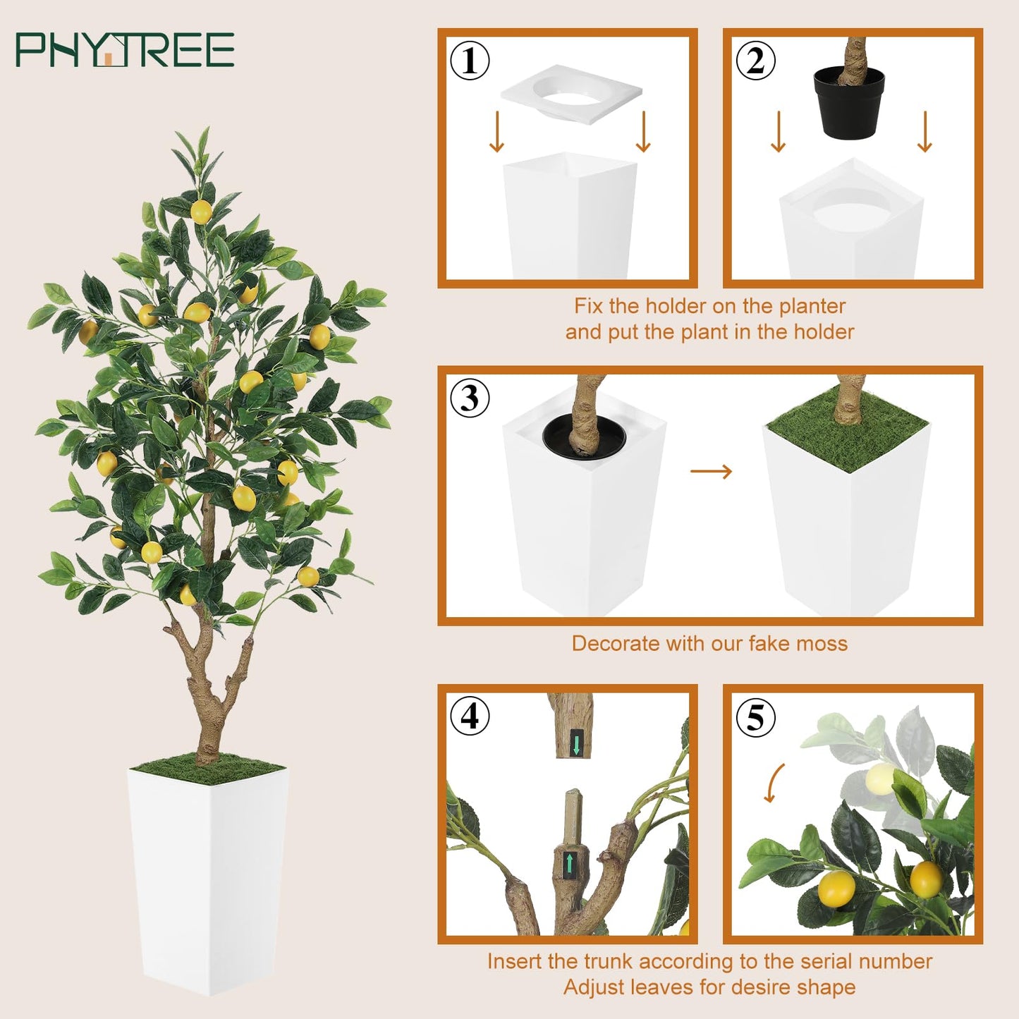 PHYTREE 5FT Artificial Lemon Tree with Pot - 60" Fake Lemon Tree with White Tall Planter, Faux Lemon Plant with Realistic Fruits and Silk Leaves, Artificial Plants Indoor for Home Office Kitchen Decor