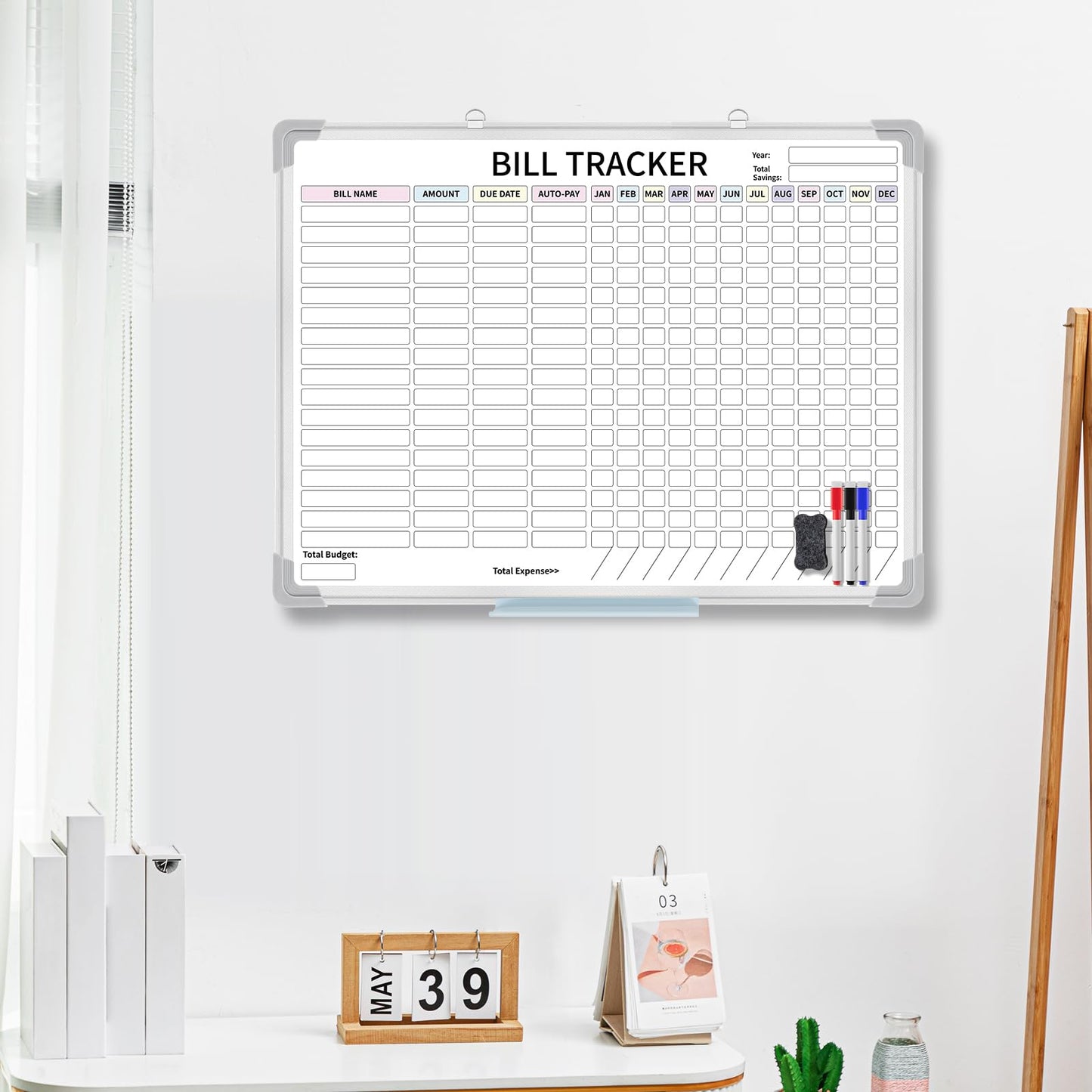 Feifeiya 24 x 18 Inch Monthly Bill Payment Tracker Whiteboard, Magnetic Dry Erase Budget Organizer, Aluminum Frame Wall Planner for Manage Personal Finance 12 Month(Classic)