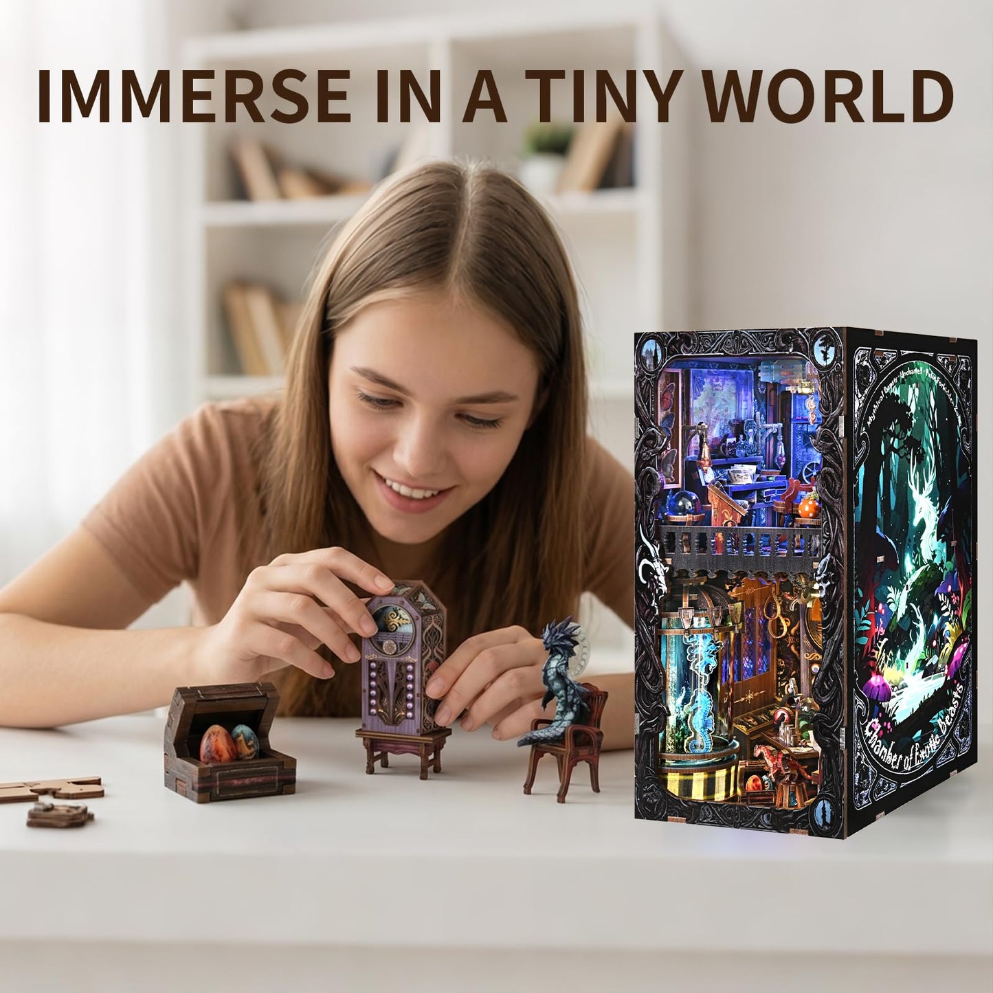 ETKVR Book Nook Kit - DIY Miniature House Dollhouse Kit 3D Puzzles for Adults, Gifts for Family and Friends Bookshelf Decor Tiny House Model Build with Dust Cover - Magic Beasts
