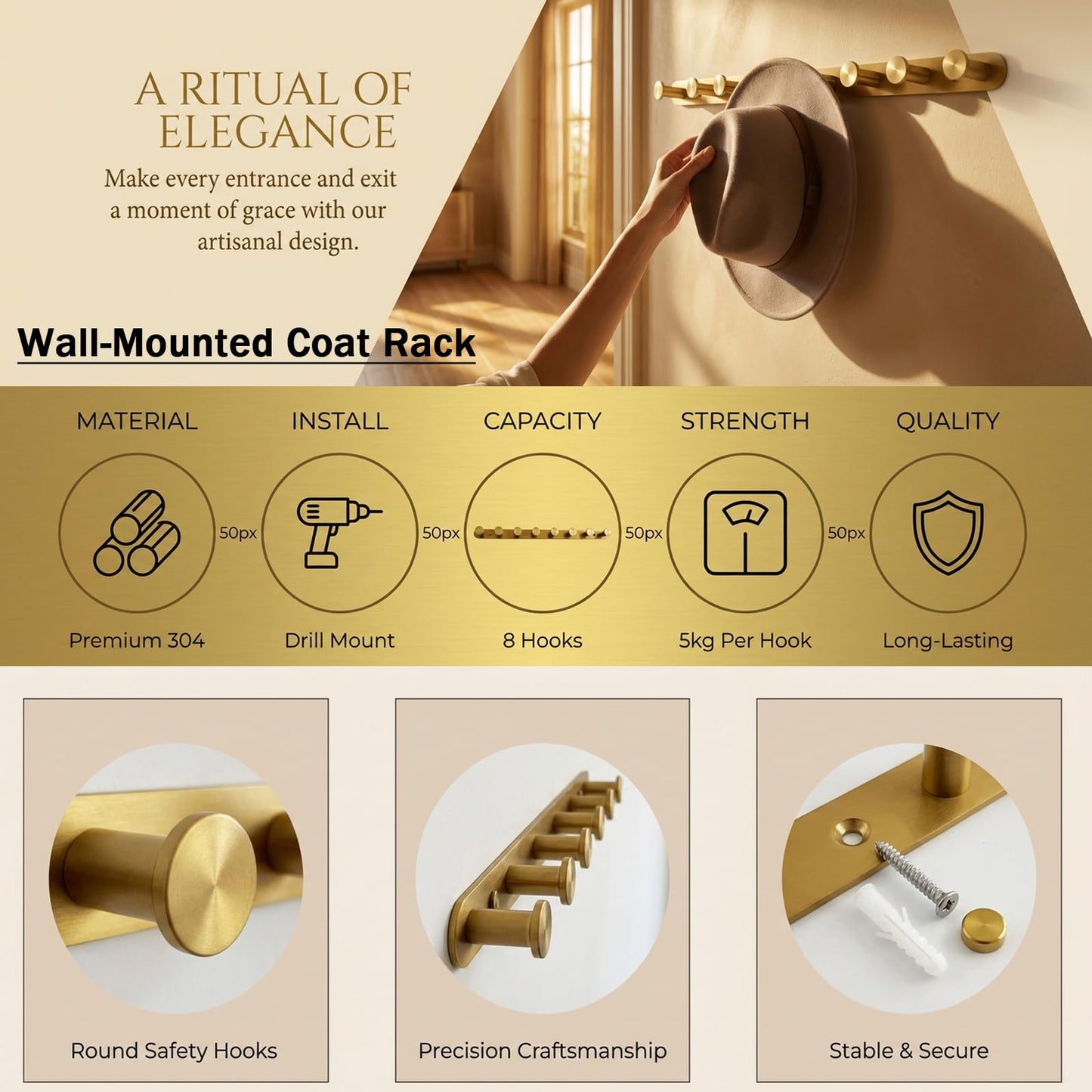 MACAJM Brushed Gold Coat Rack Wall Mounted, 21" Heavy Duty 304 Stainless Steel Row of 8 Hooks for Coats, Towels, Robes (Drilling)