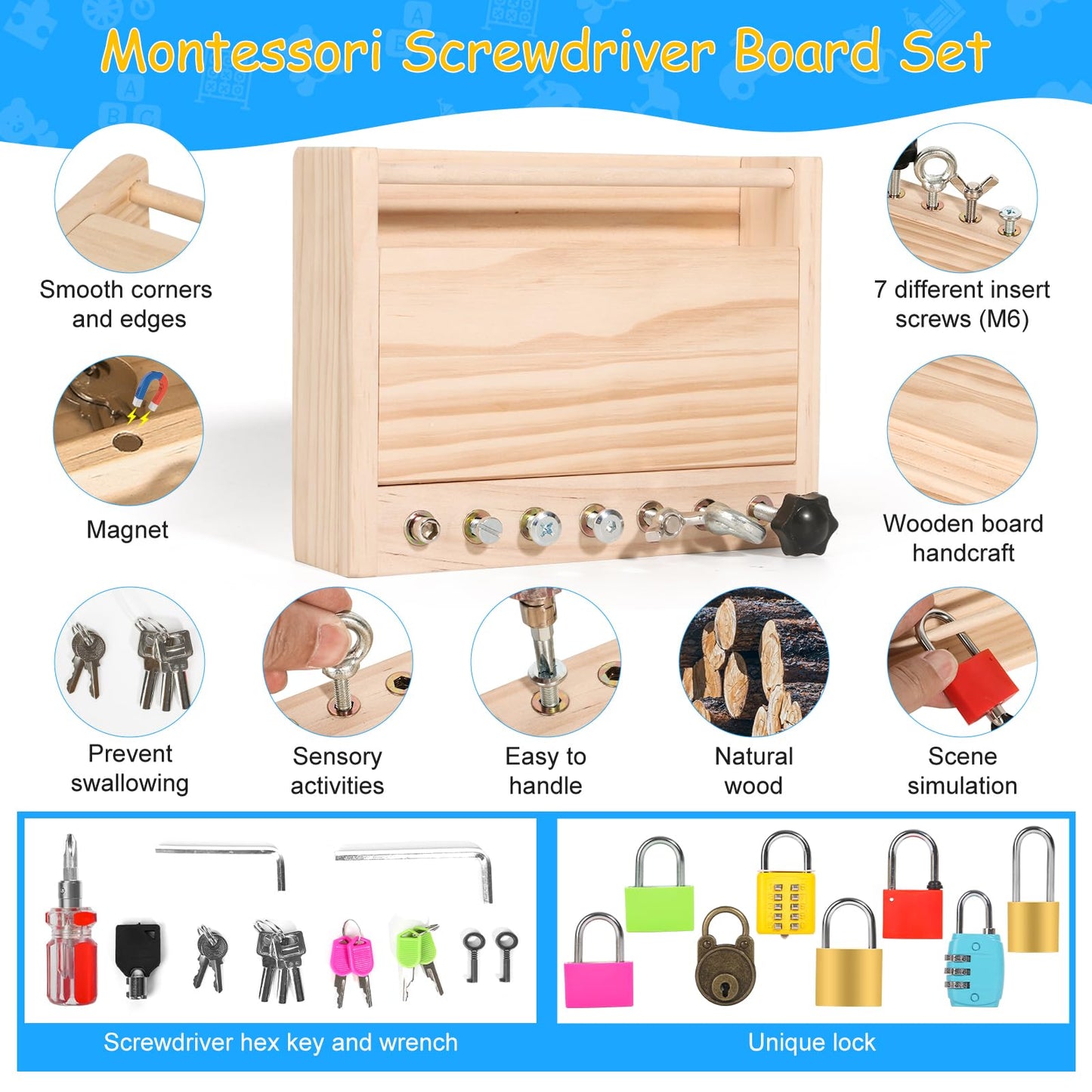 INIFEIDALA Montessori Toys for 3 4 5 Year Old,Montessori Screwdriver Board Set-Lock and Key Toy,Kids Tool Set,Preschool Learning Sensory Toys,Fine Motor Skills,STEM Toys(8 Locks and Keys)