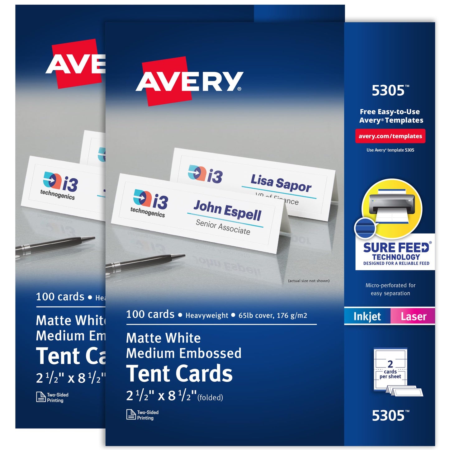 Avery Printable Tent Cards, Sure Feed Technology, 2.5" x 8.5", White with Embossed Border, 2-Pack, Total of 200 Blank Place Cards for Laser or Inkjet Printers (25305)